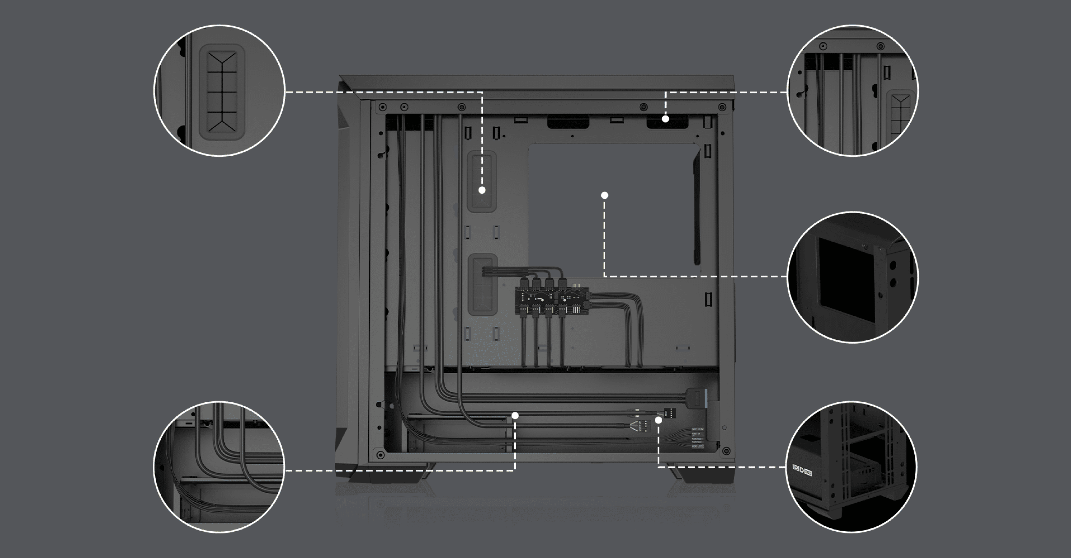 Black Genesis Irid 503 ARGB V2 MATX mini tower case featuring a clear side panel and internal cable management details