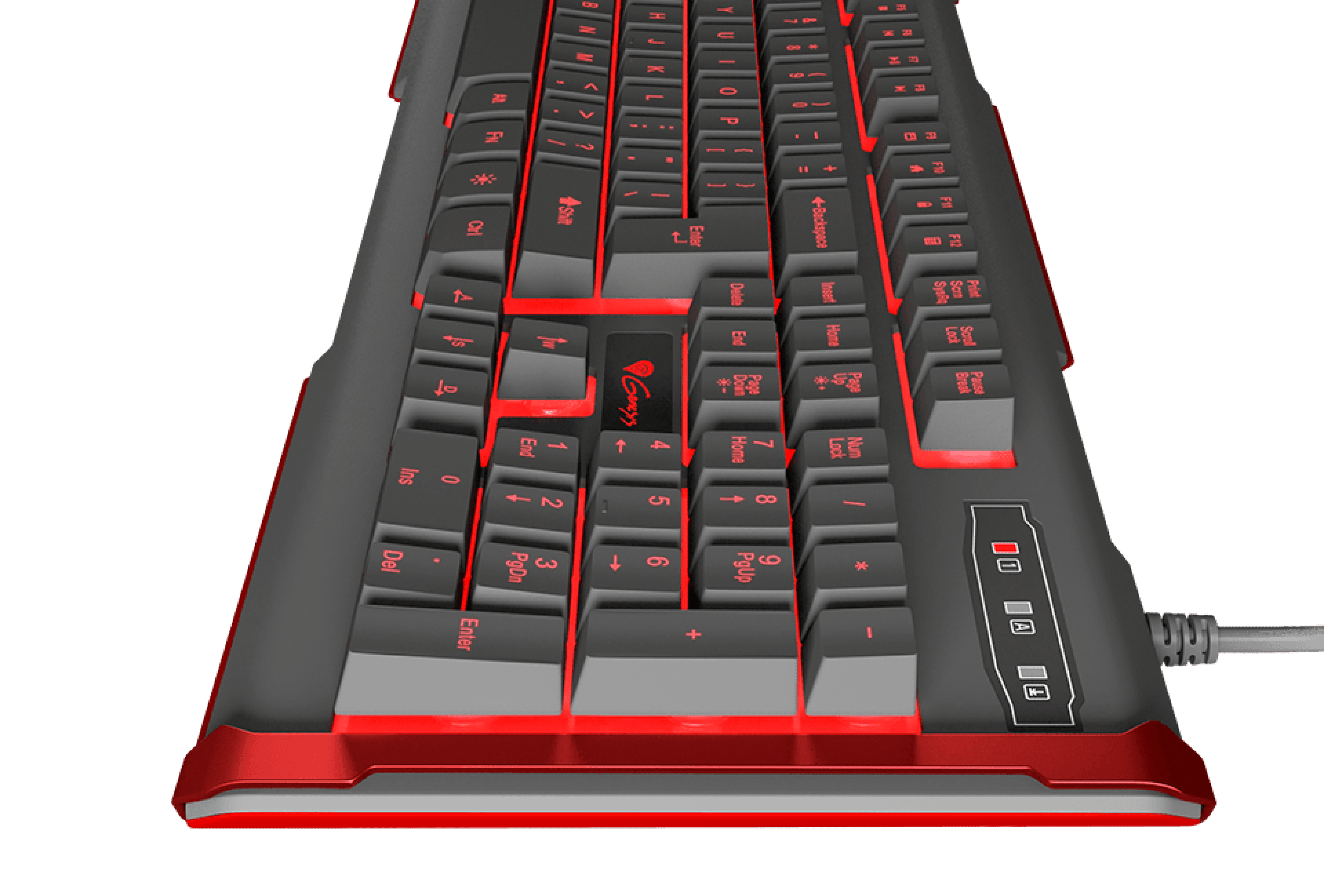 Black keyboard with red backlighting and a connection cable visible on the side.