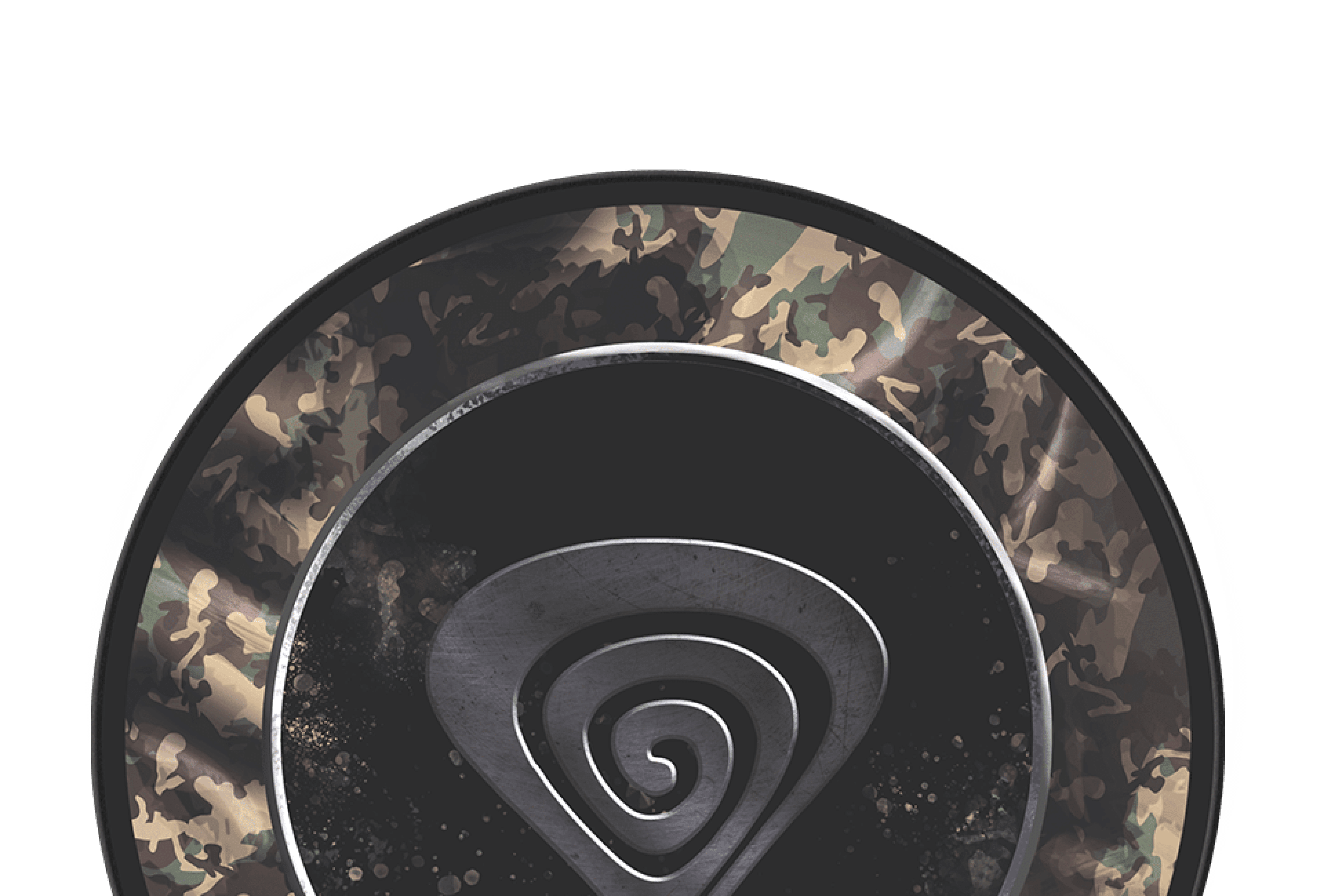 Circular protective mat with a camo pattern and a spiral logo in the center, designed for the Genesis Tellur 500 chair