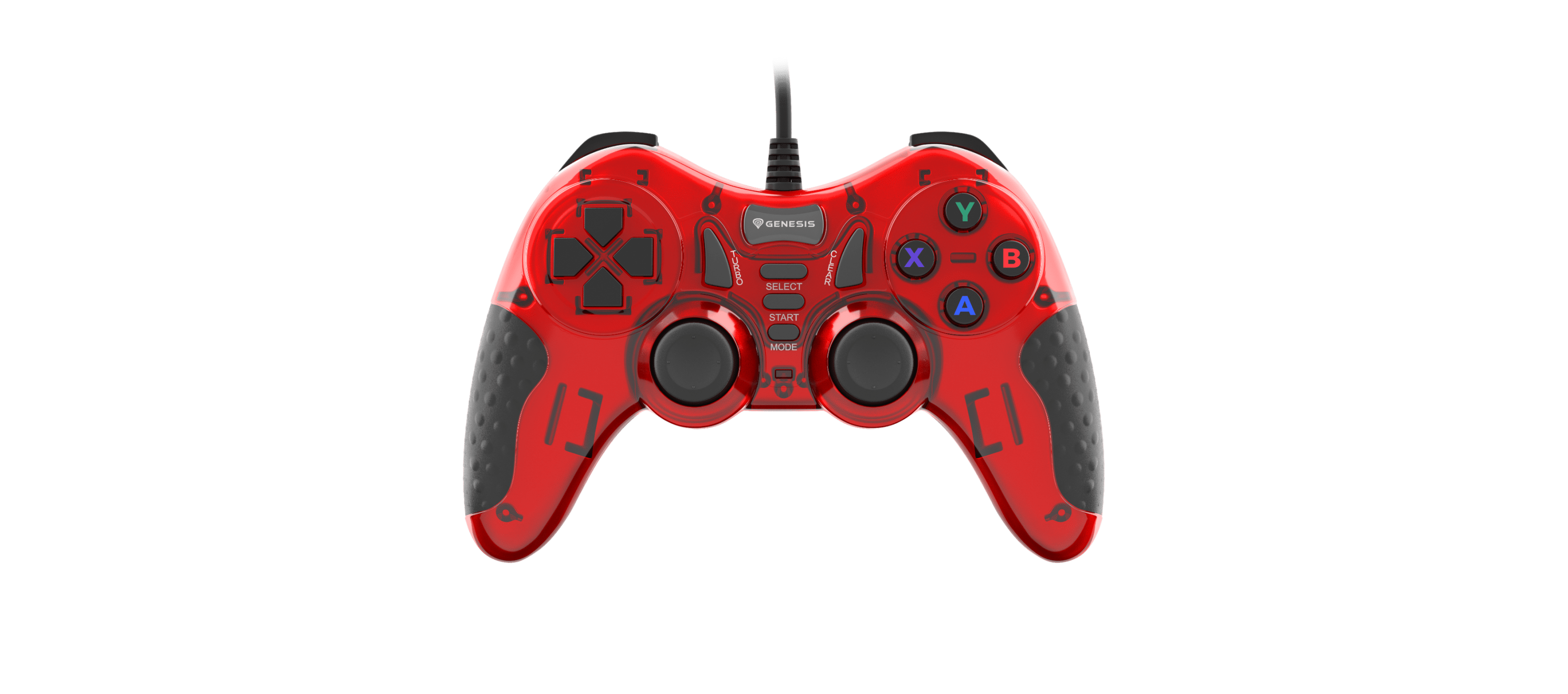 Video game controller in red with multiple buttons and two large thumbsticks.
