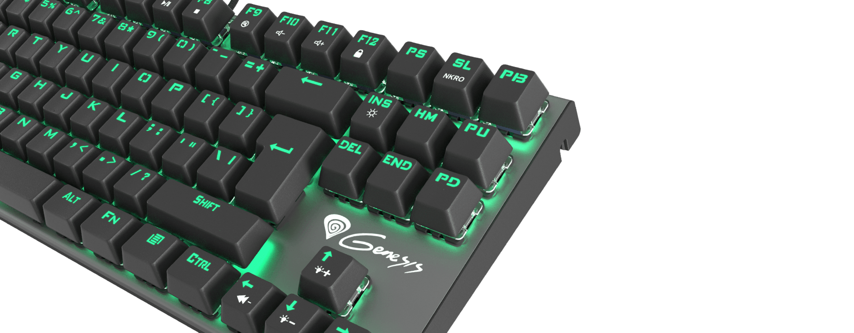 Keyboard with black keys and green backlighting, angled view showcasing various keys.