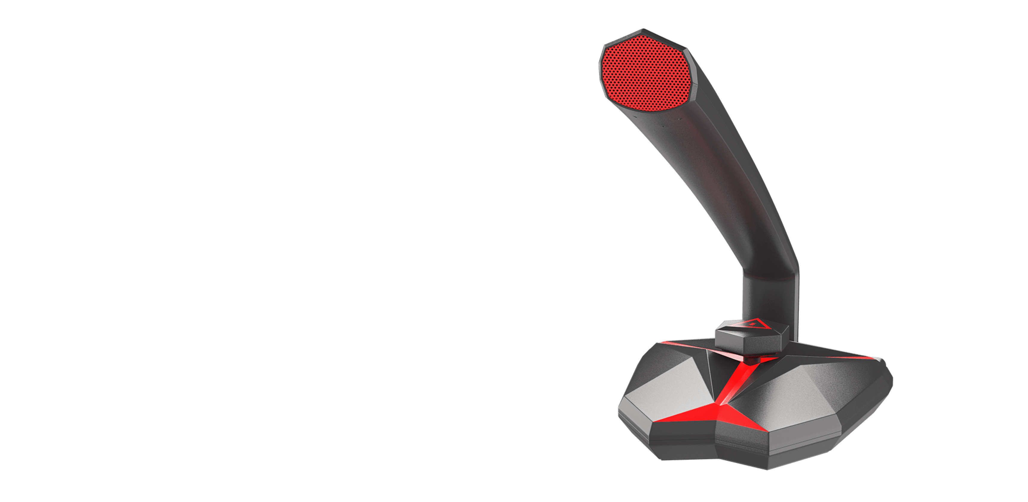 Stylish microphone with a curved black stem, red grille top, and a geometric base featuring accents in red and grey