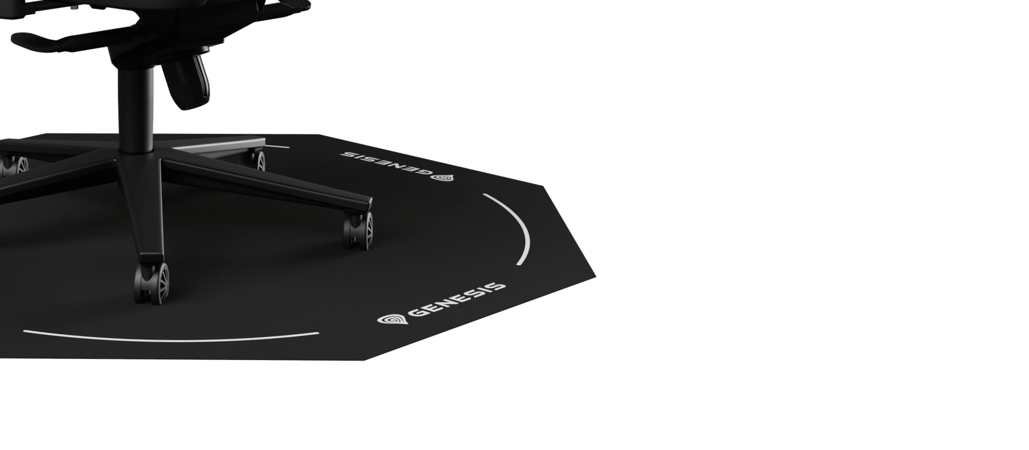 Black octagonal chair mat with a logo, designed to protect floors under a rolling office chair, measuring 100 cm in size