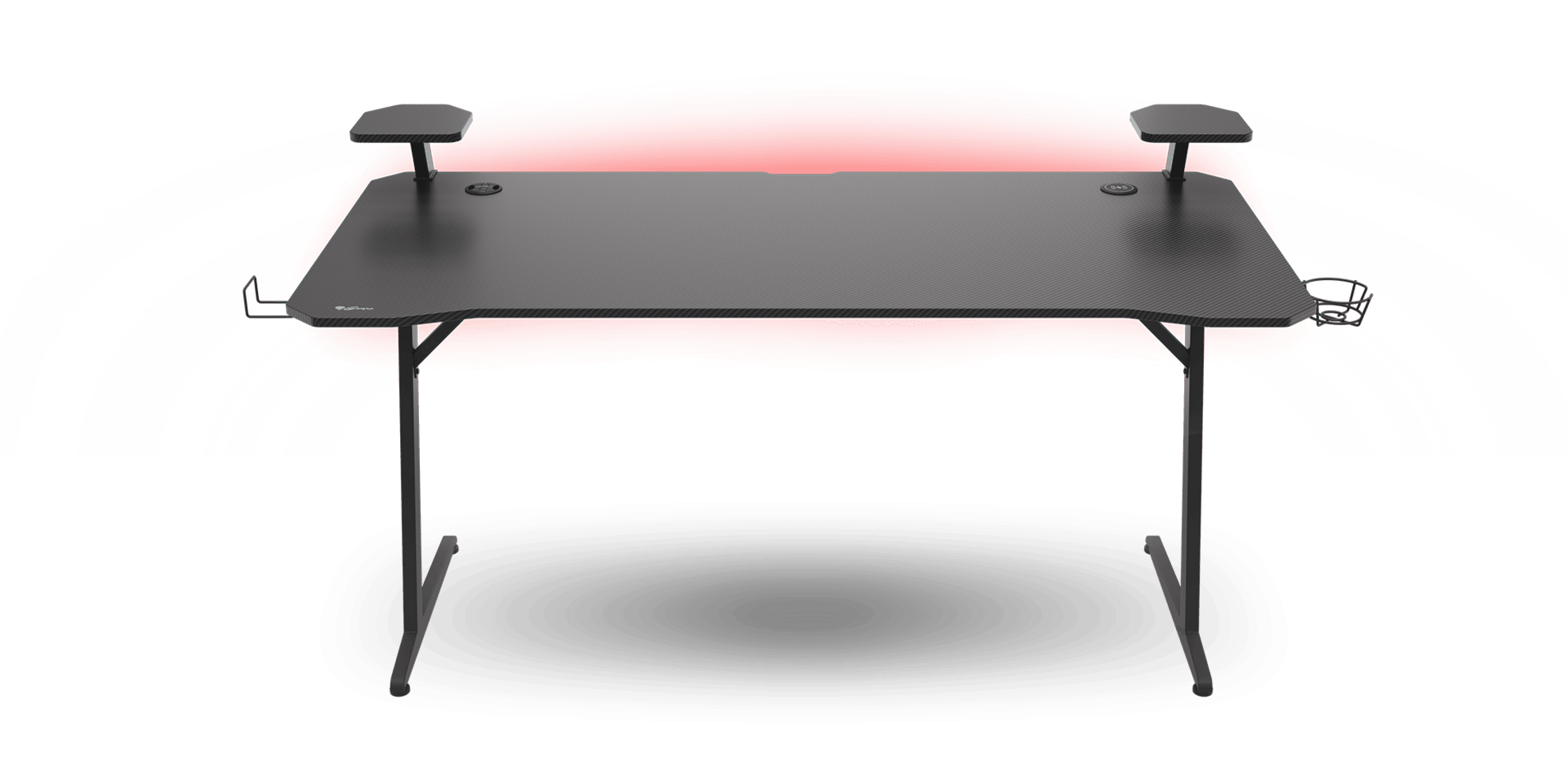 Black gaming desk with RGB lighting, two adjustable armrests, and side cup holder, measuring 160x75 cm