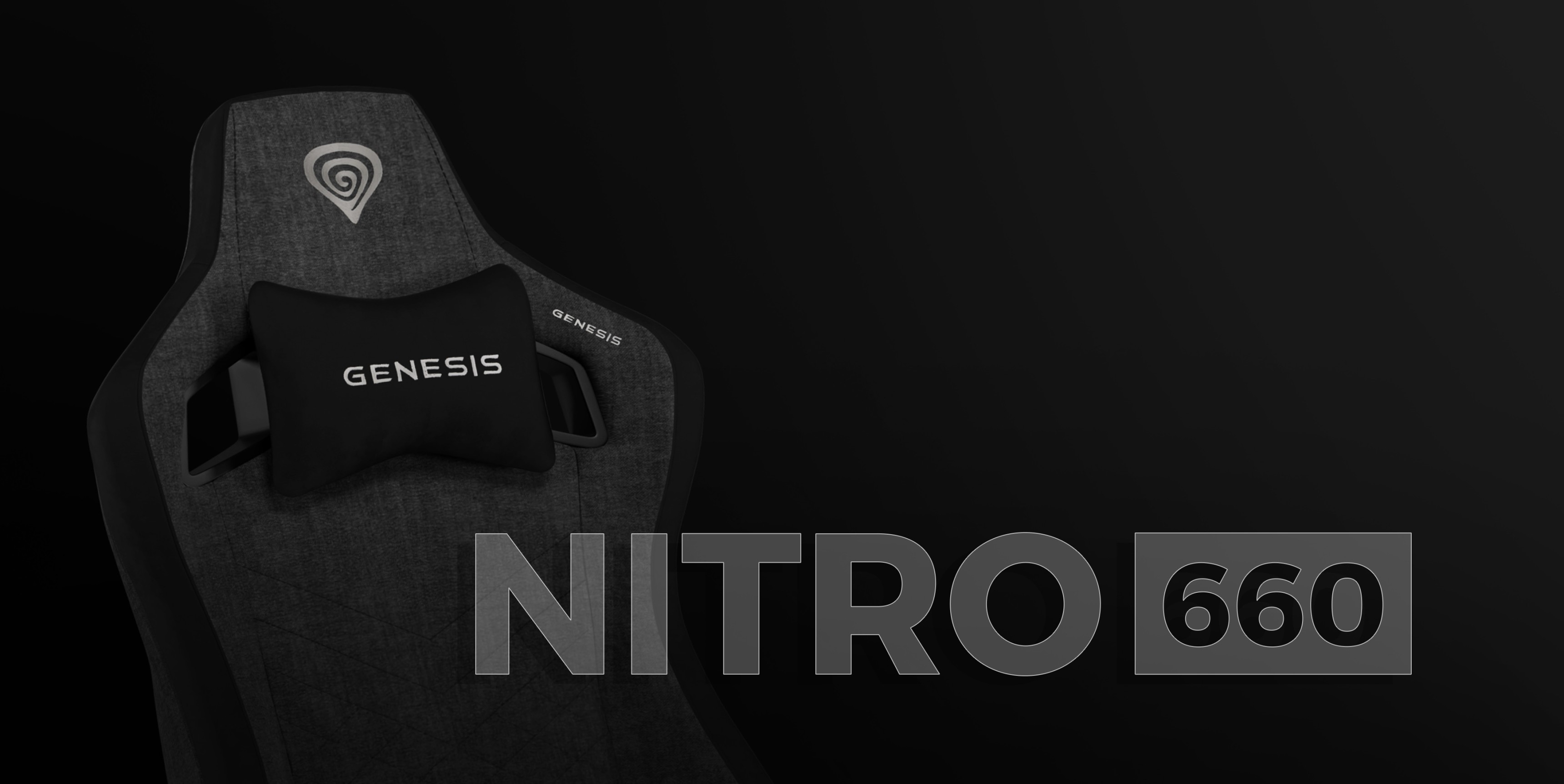 Gray Genesis Nitro 660 gaming chair featuring a cushioned headrest with logo details on a dark background