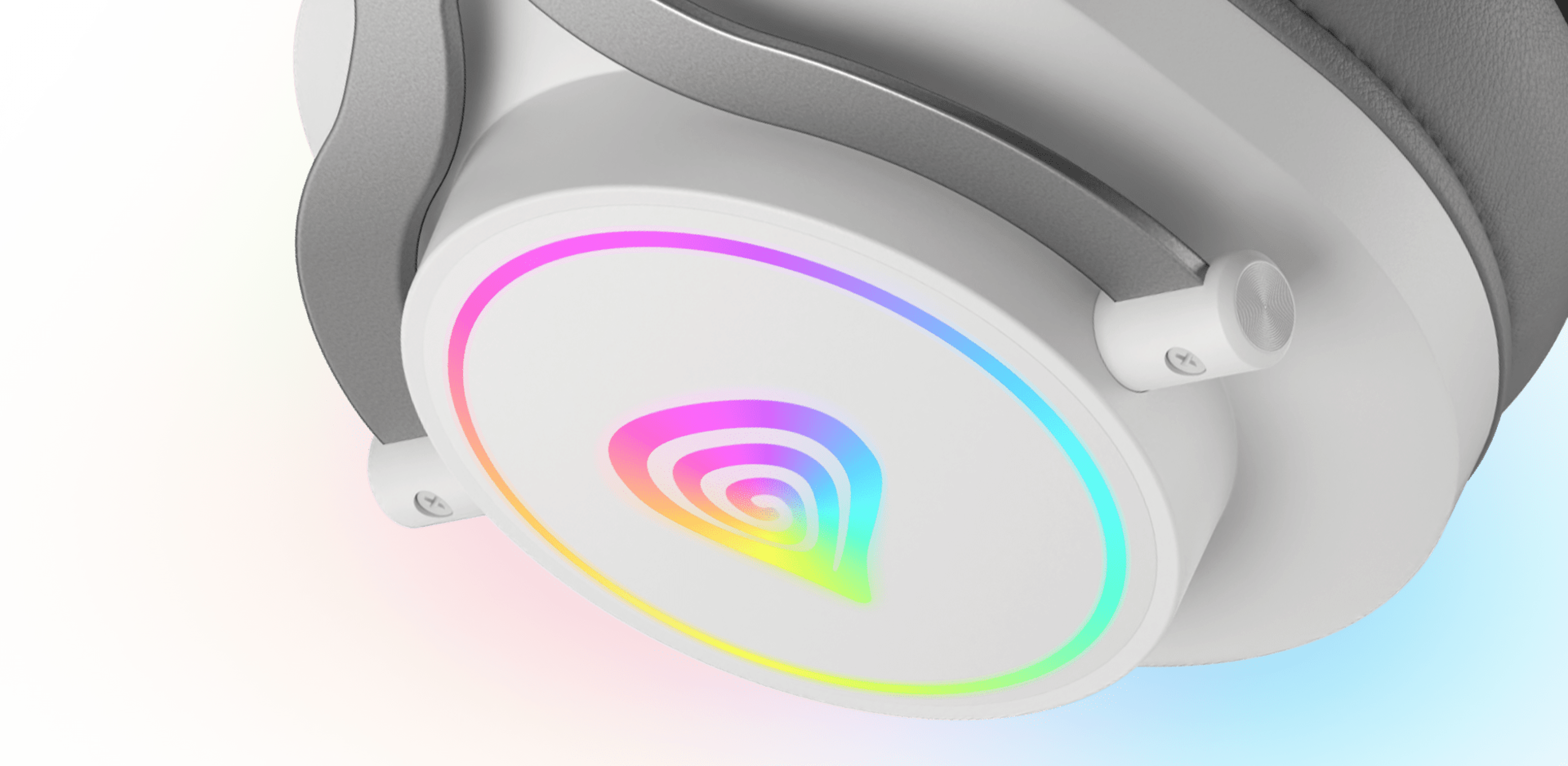 Headphones with a round light on the ear cup displaying a colorful glowing pattern.
