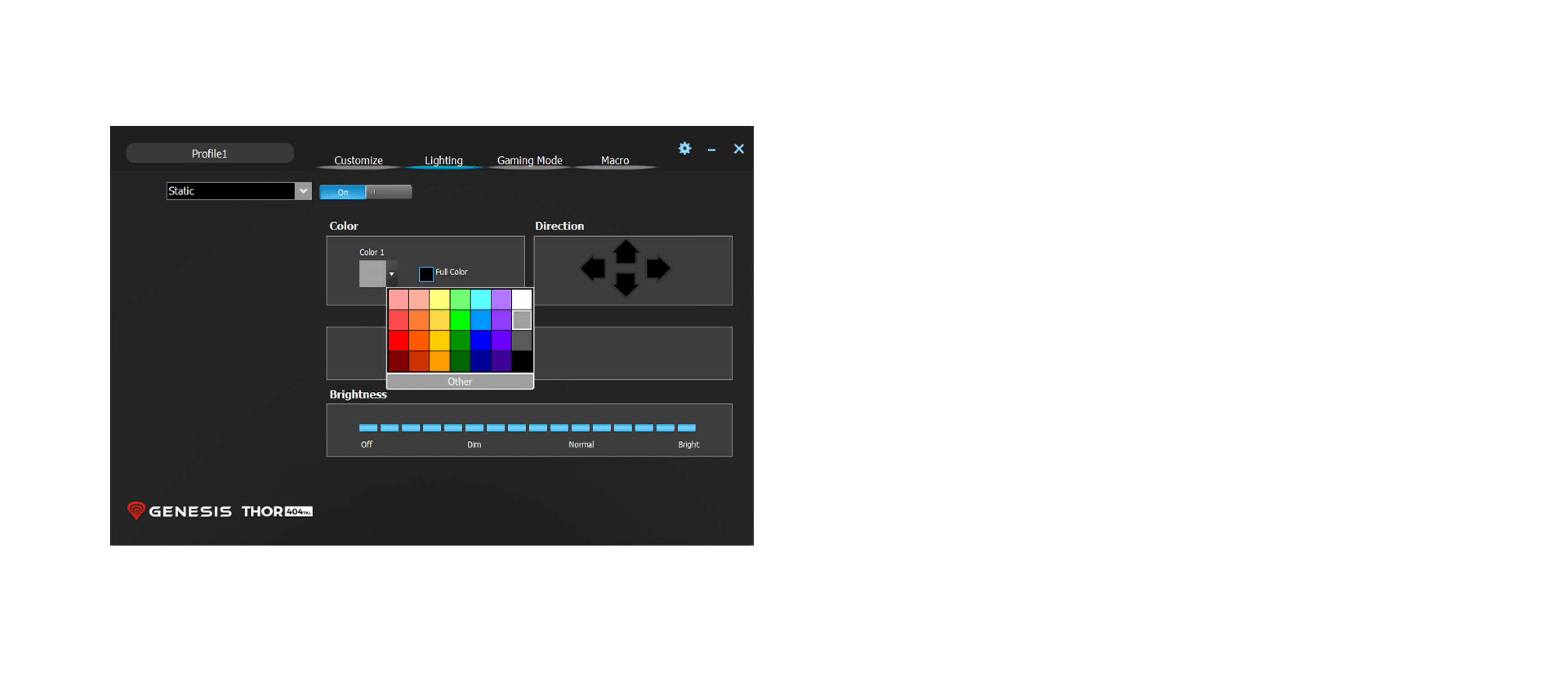 Software interface displaying RGB lighting customization options for the Genesis Thor 404 TKL gaming keyboard