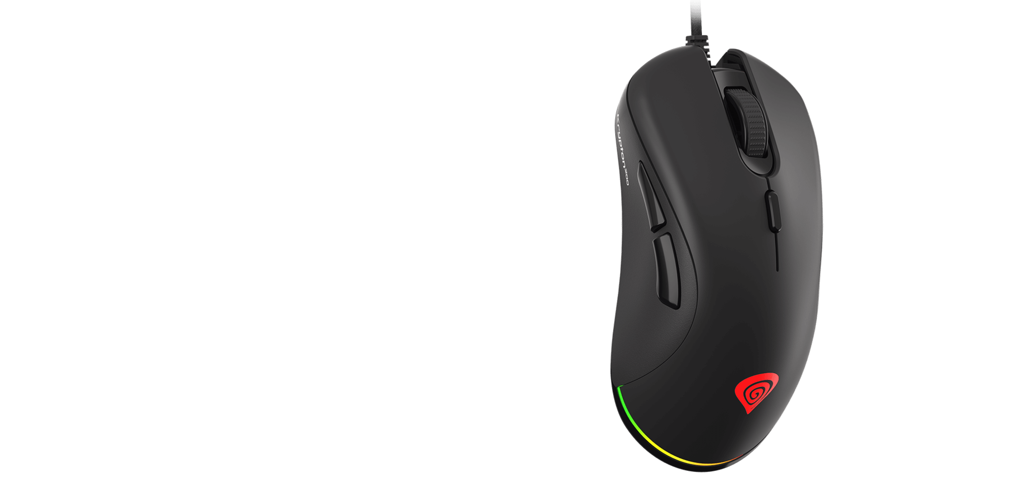 Black gaming mouse Genesis Krypton 200 with 6400 DPI, featuring a silent click and customizable software