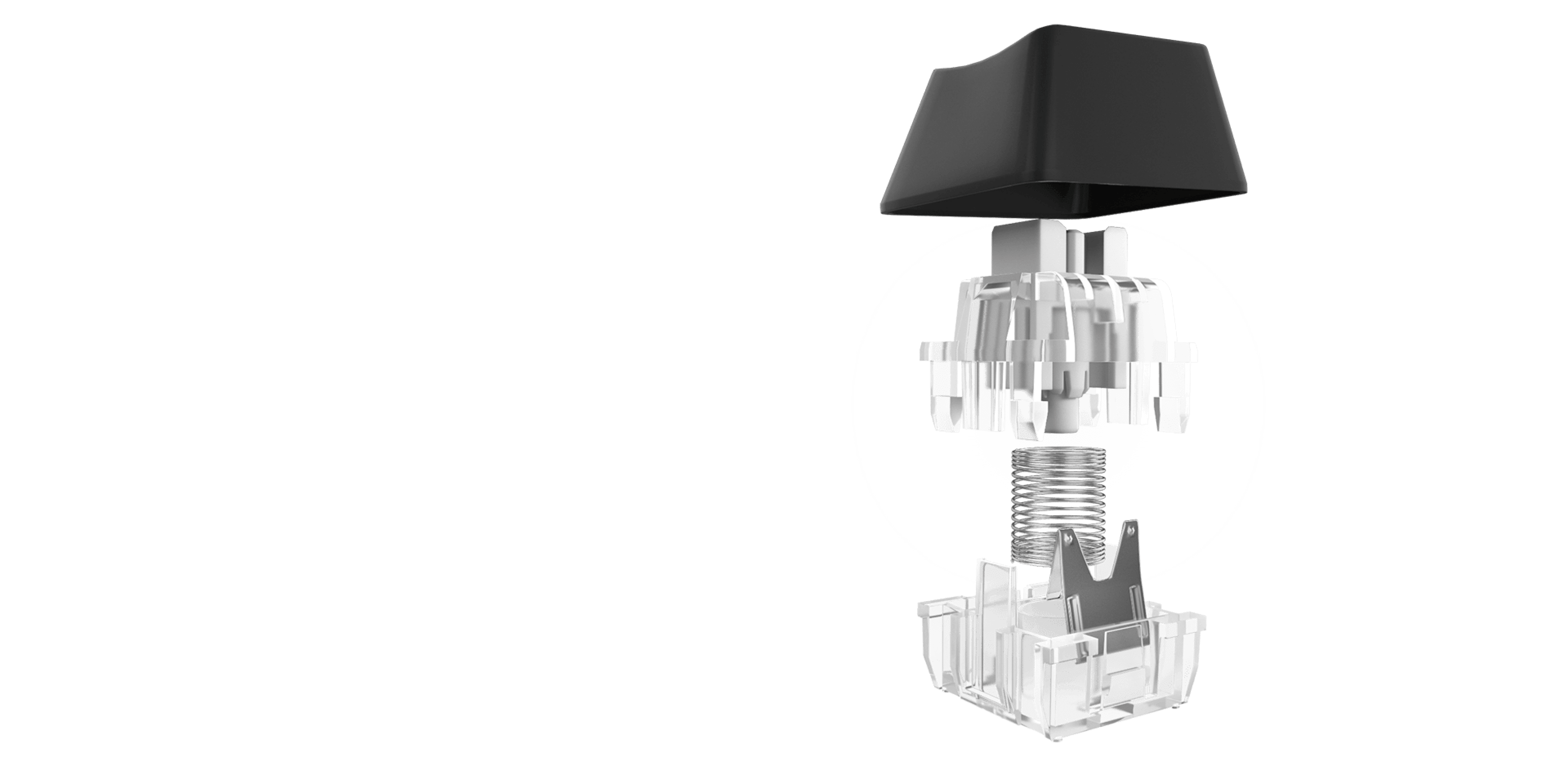 Mechanical keyboard switch with black cap and transparent base showing internal components.