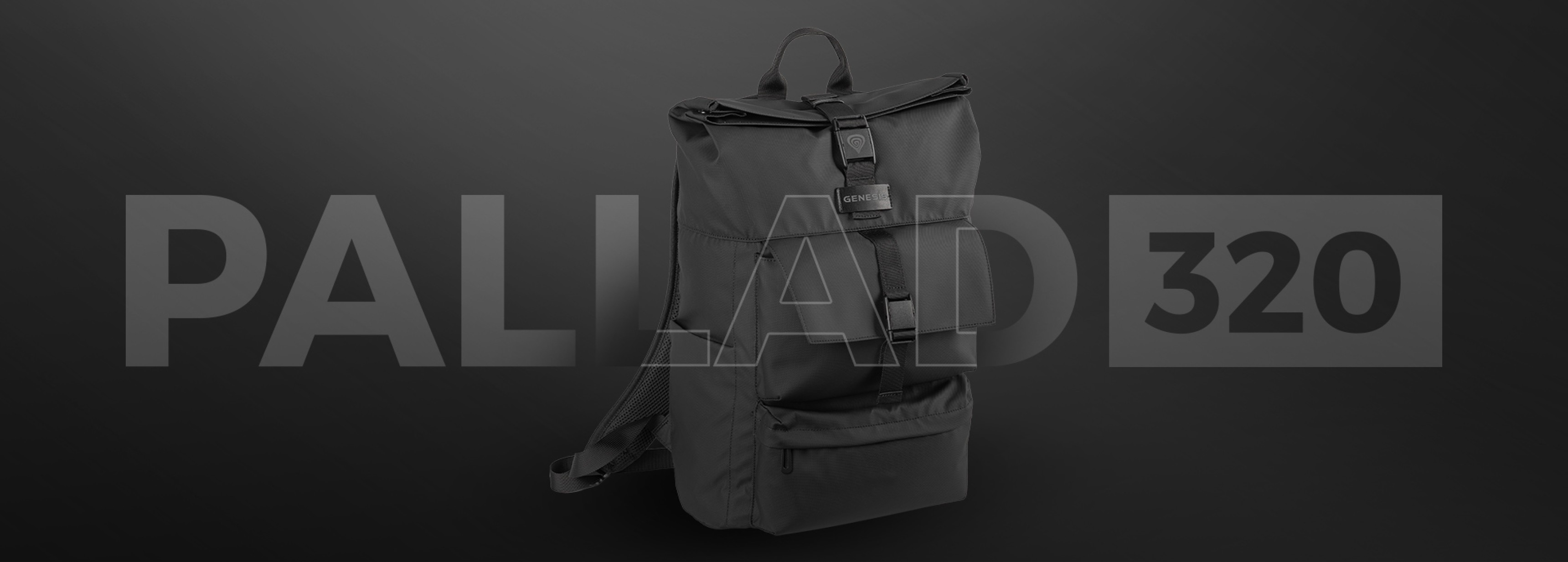 Black backpack with a roll-top design and adjustable straps displayed on a dark background.