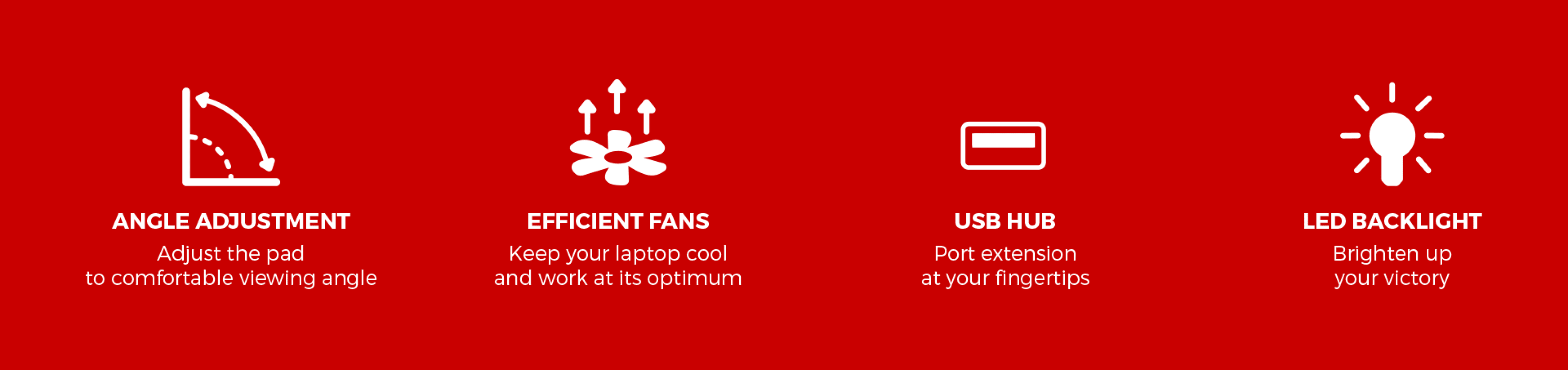 Four icons representing adjustable angle, cooling fans, port extension, and a bright light.