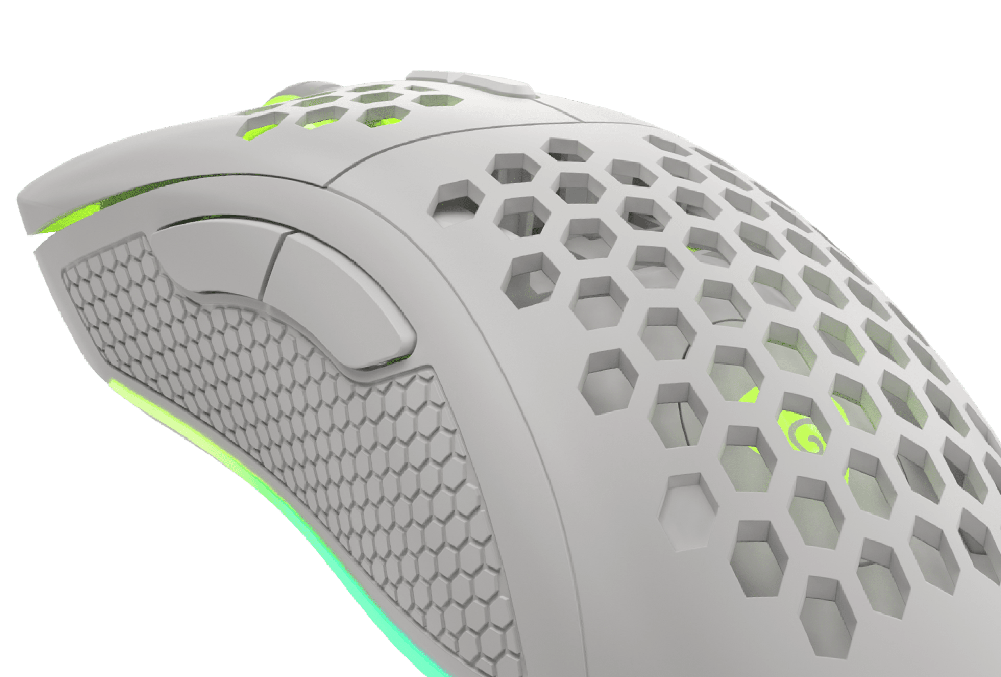 Lightweight gaming mouse with honeycomb design and adjustable glowing features.