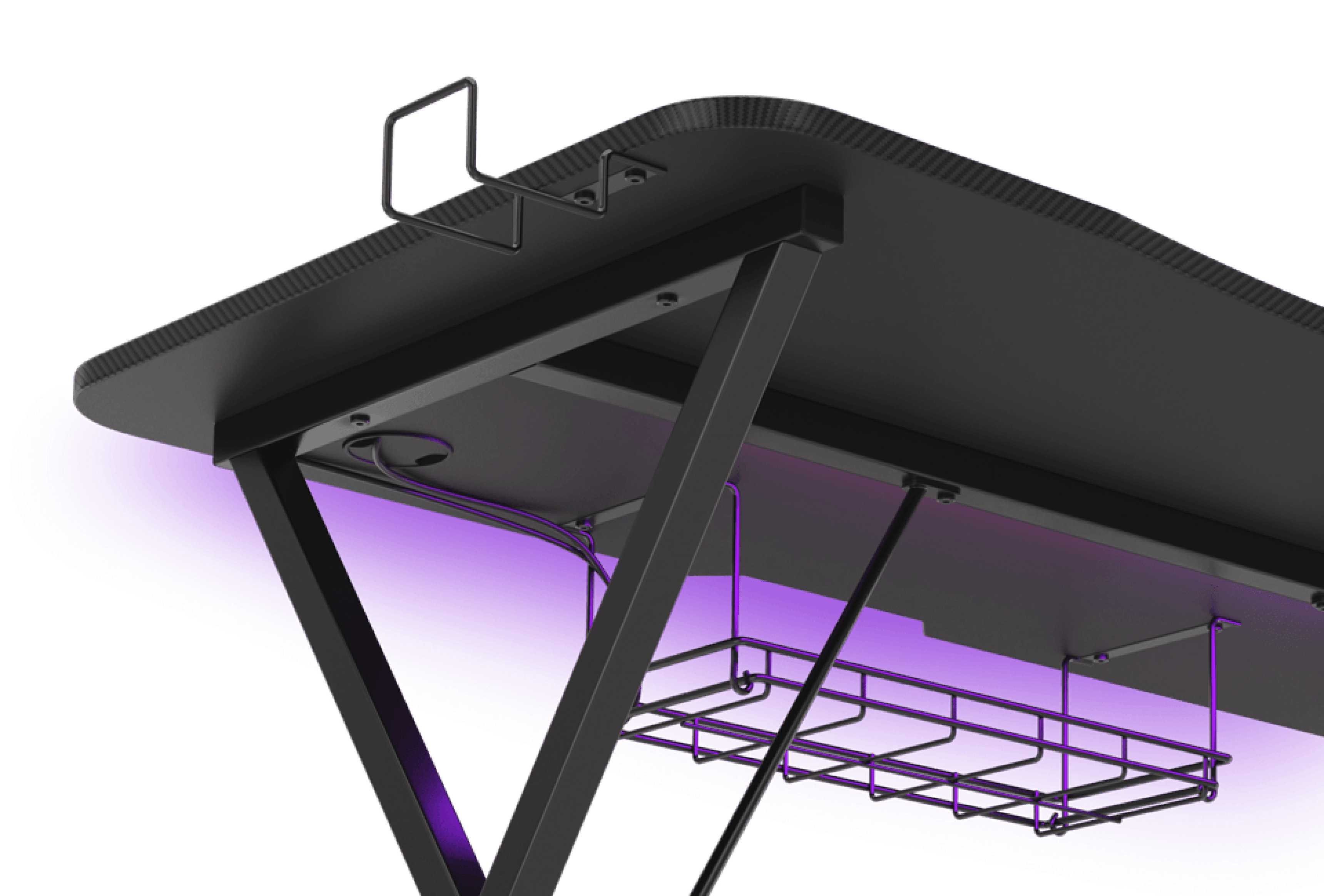 A close-up view of the underside of the GENESIS HOLM 200 RGB gaming desk, featuring a cable management system and RGB lighting