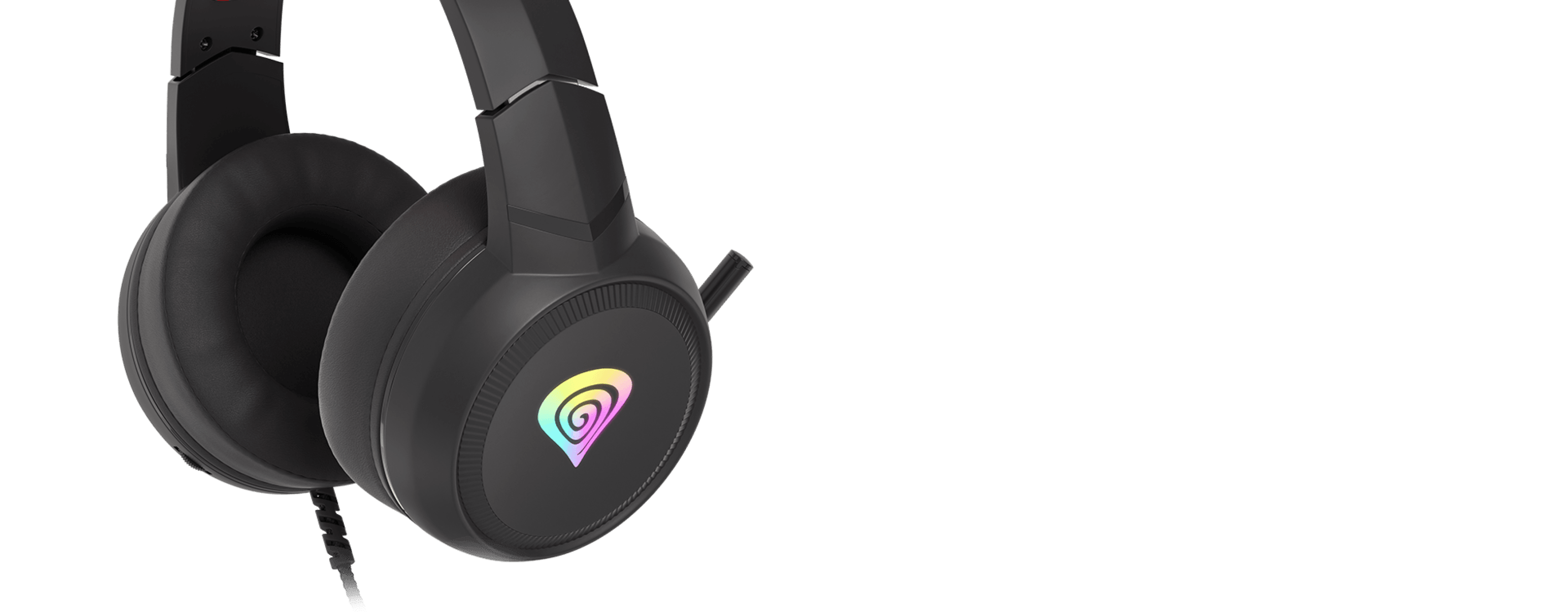 Black over-ear headphones with a colorful spiral logo and a connection cable.