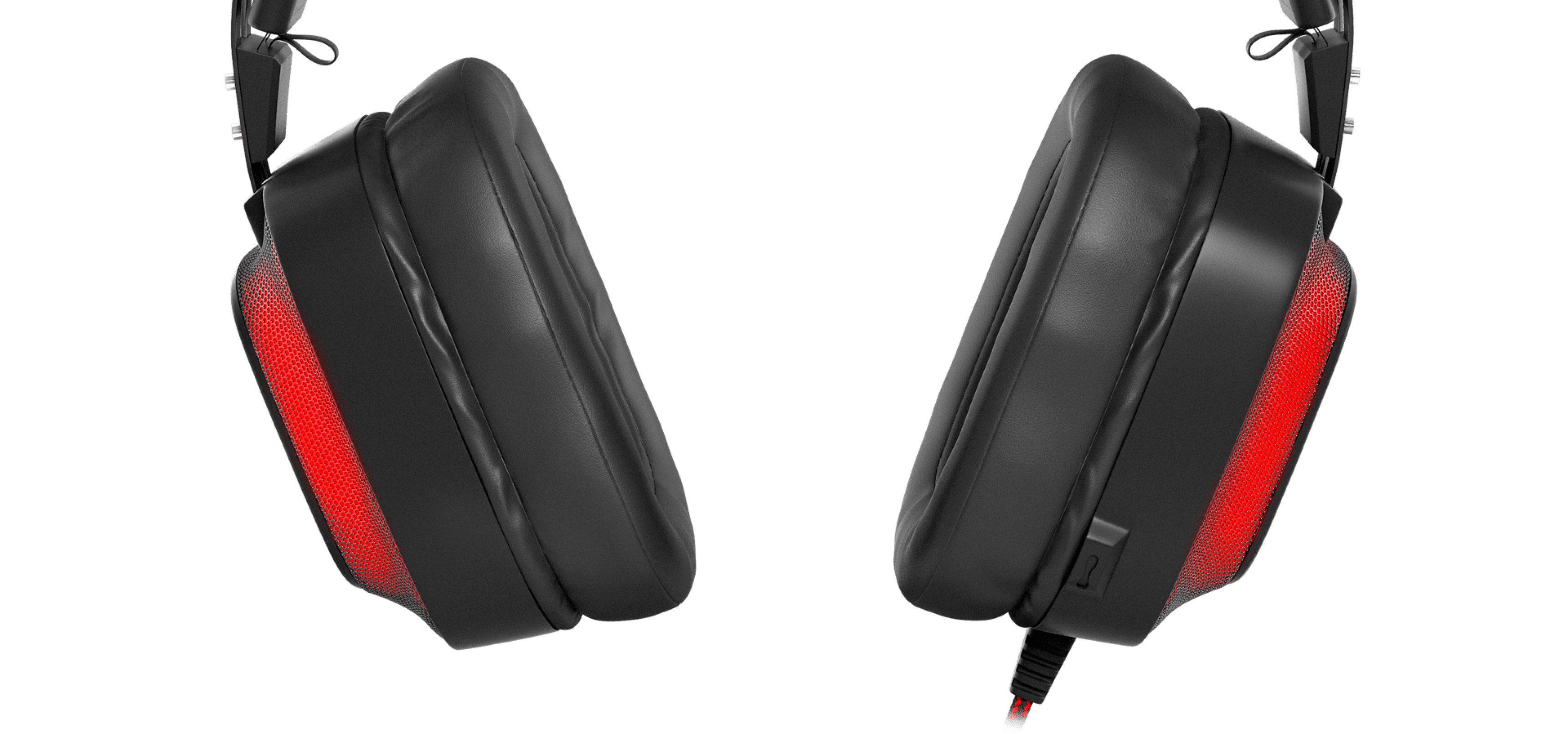 Black and red Genesis Radon 720 over-ear headphones with a USB connection and a microphone, showcasing padded ear cups