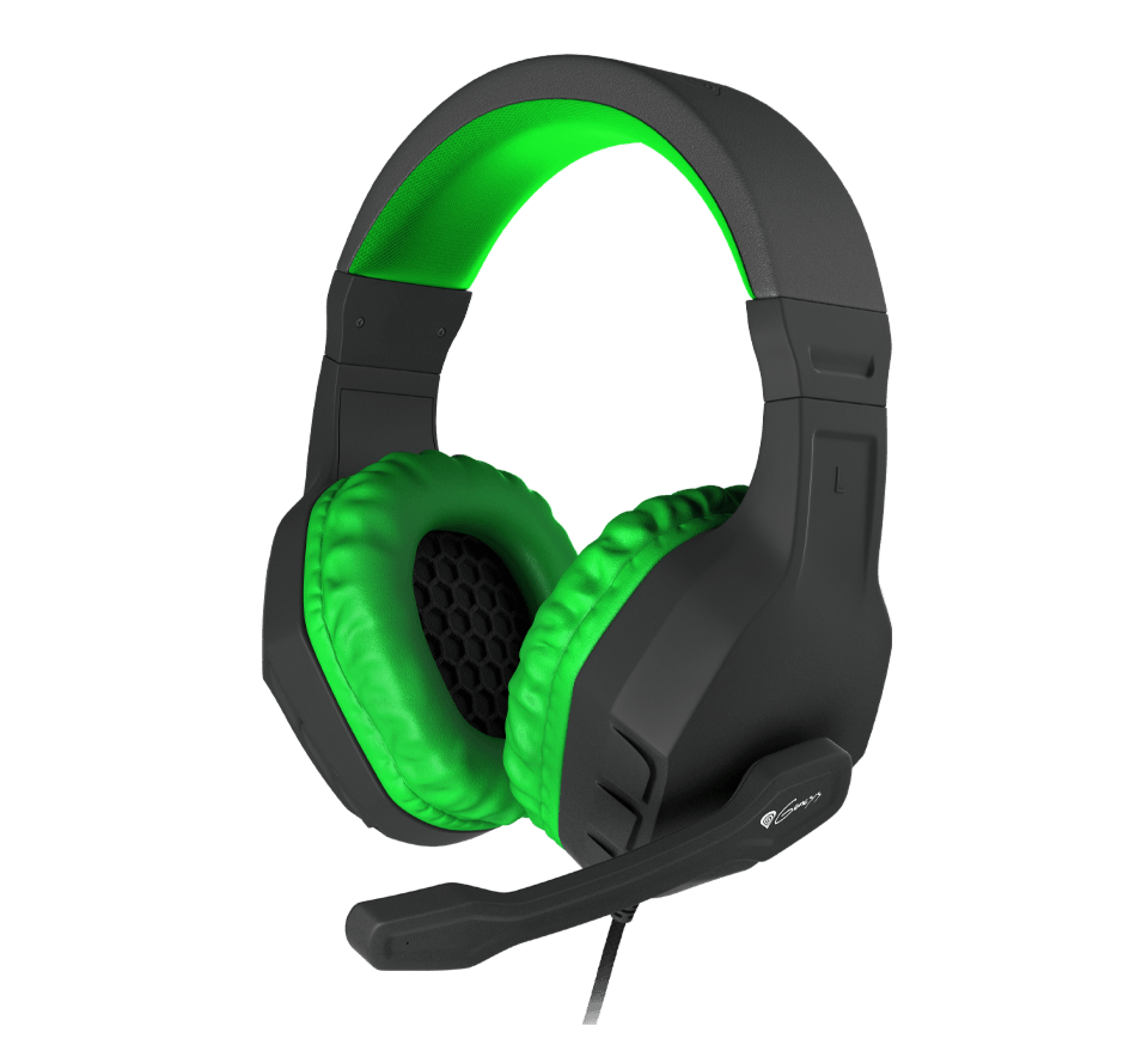 Black and green over-ear gaming headset with a microphone, featuring cushioned ear pads and an adjustable headband