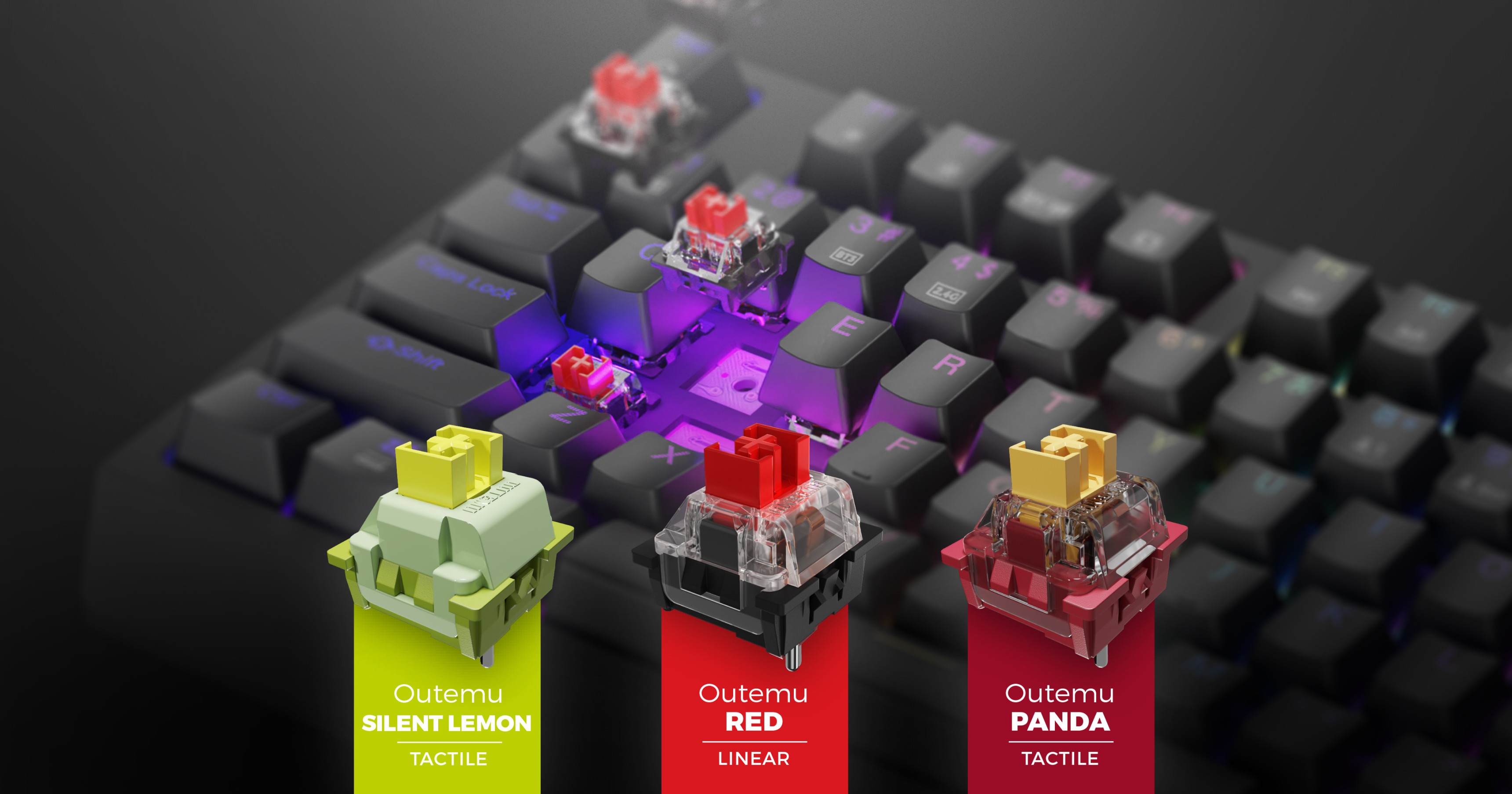 Close-up of a gaming keyboard with customizable RGB lighting and three types of Outemu switches: Silent Lemon, Red, and Panda