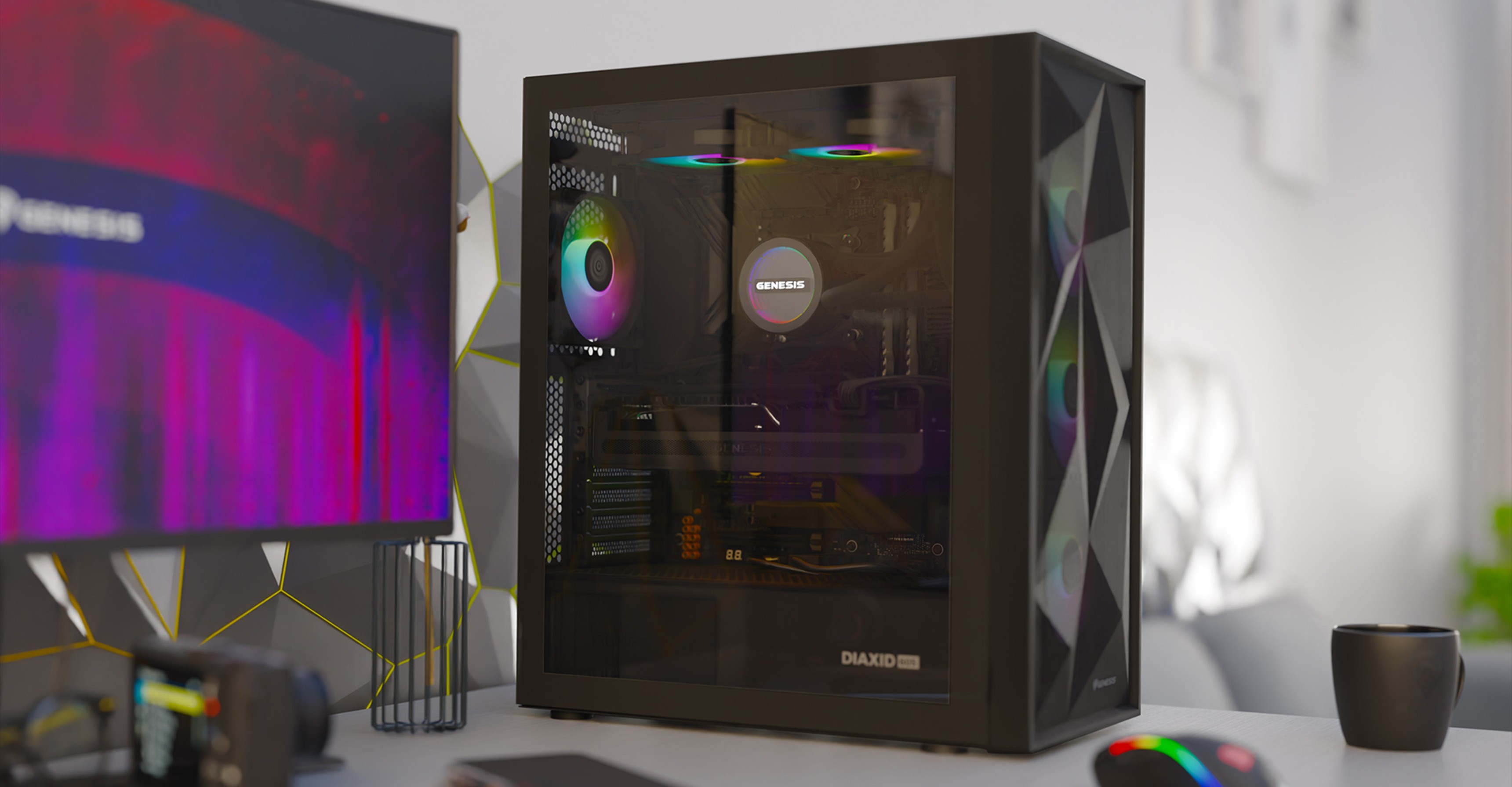 Black computer case with a window and colorful lights on the inside, sitting on a desk
