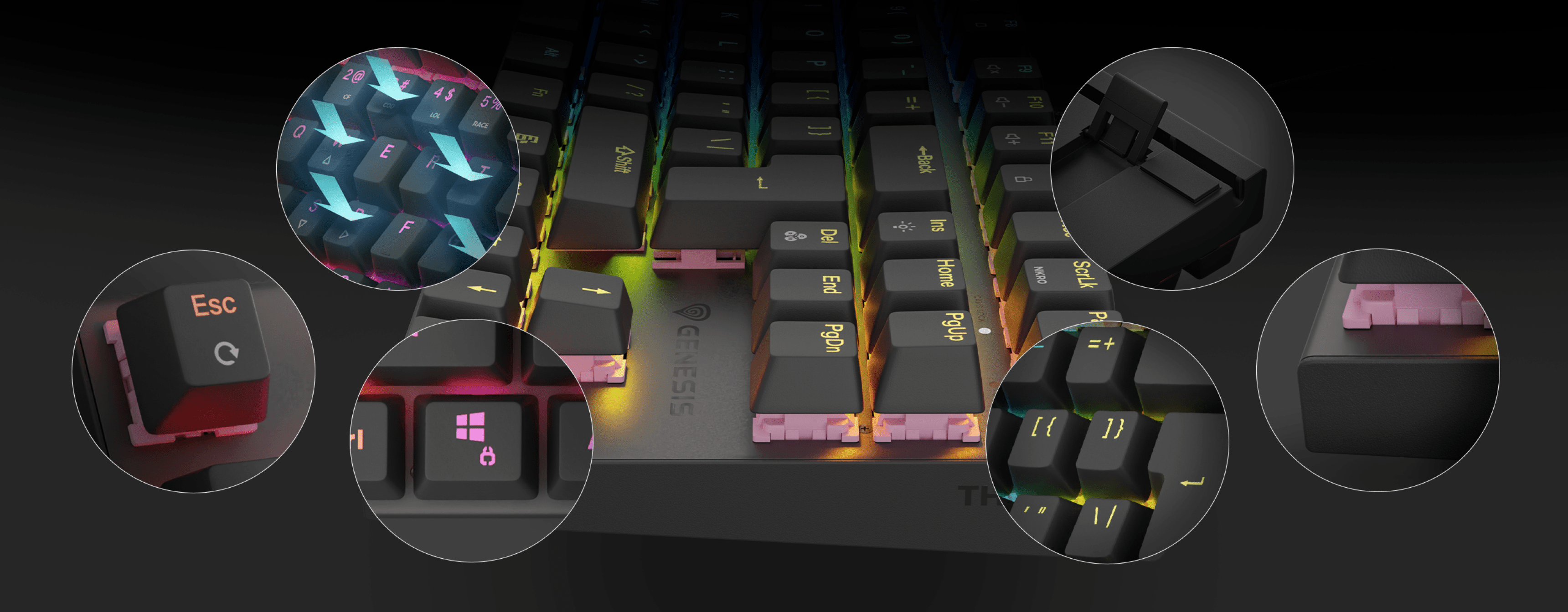 Gaming keyboard with RGB backlighting, featuring silent mechanical switches and a TKL layout. Close-up views of key details included