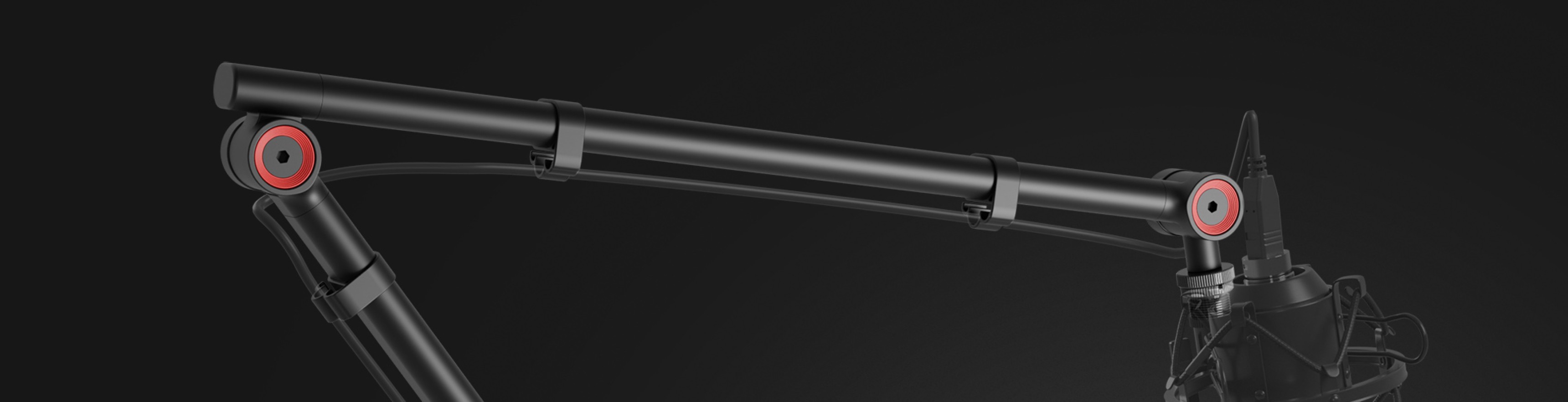 Microphone arm with a headset holder, featuring a sleek black design and red accents, ideal for recording setups