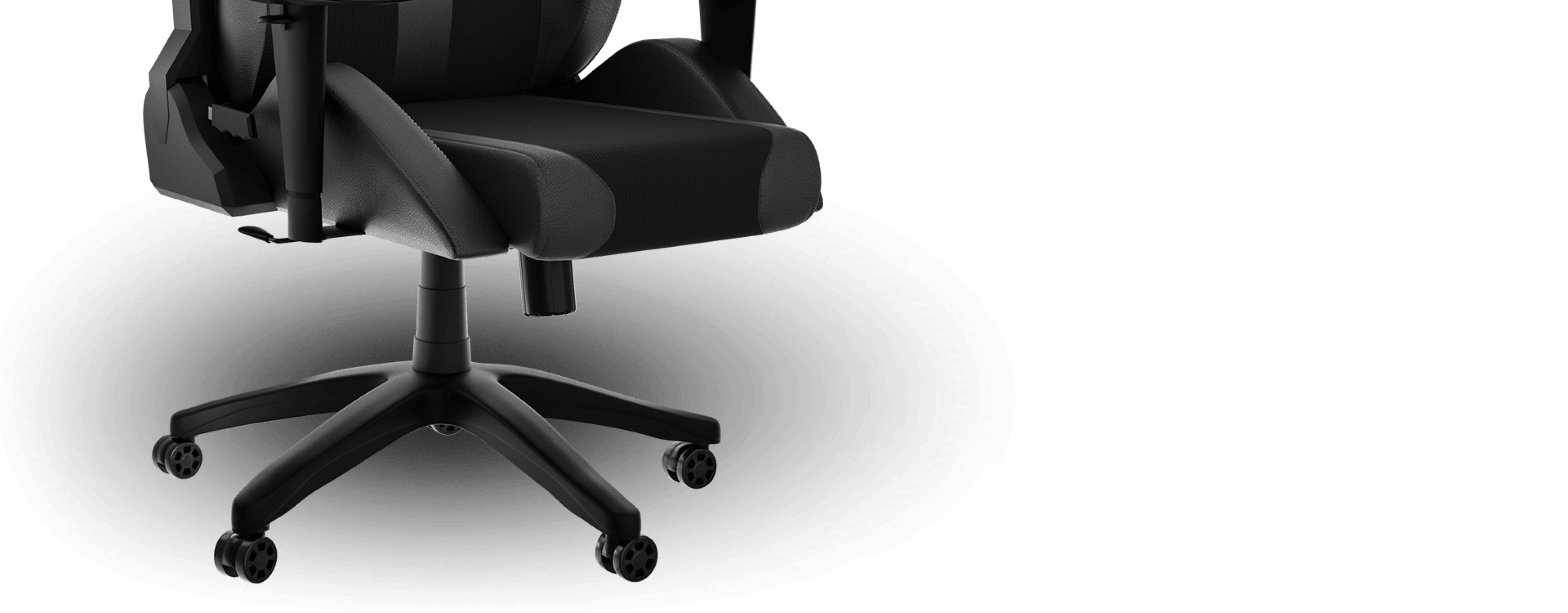 Black gaming chair with a sleek design and adjustable armrests on a five-spoke wheeled base
