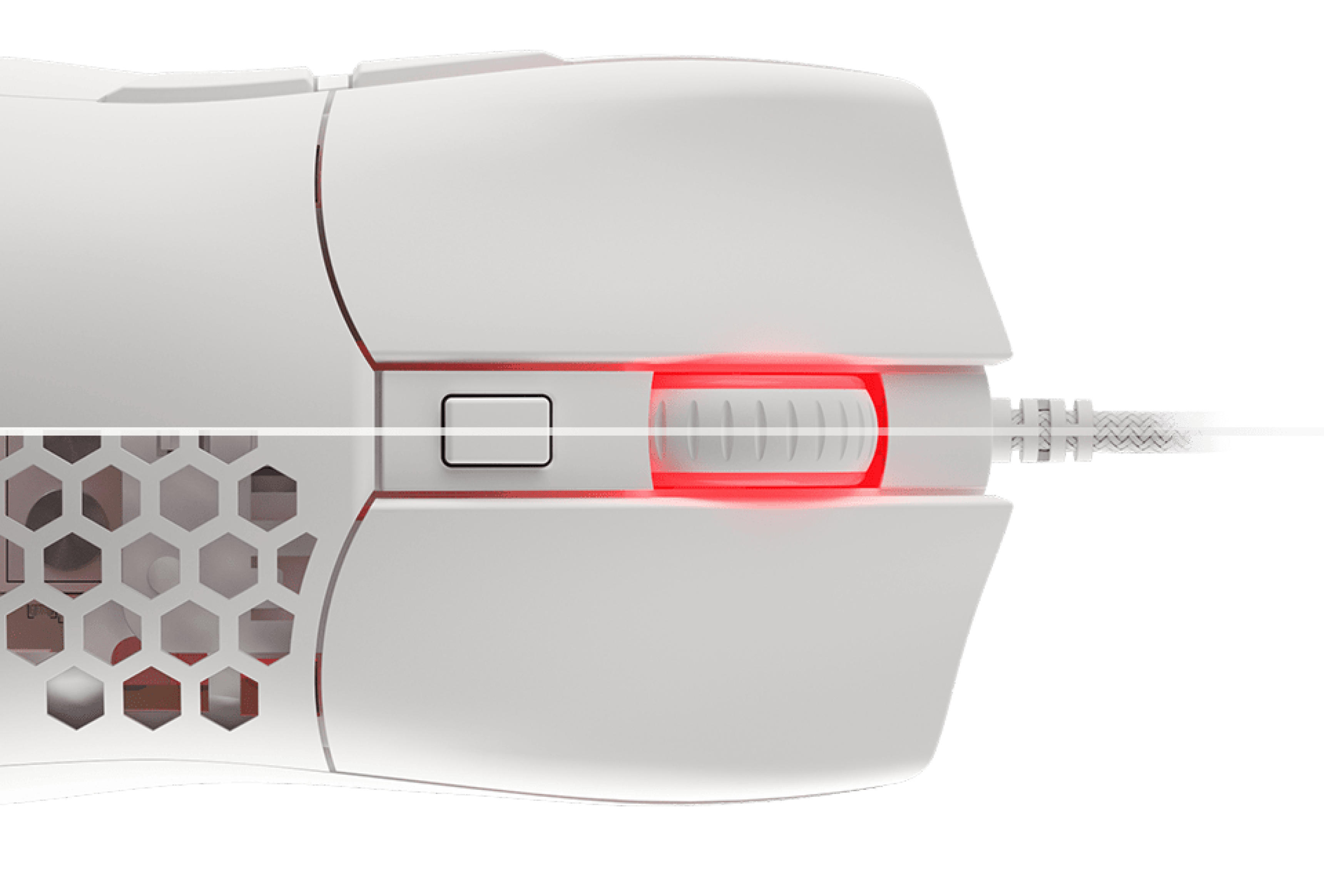 White gaming mouse with RGB lighting, featuring a scroll wheel, side button, and a honeycomb design for ventilation
