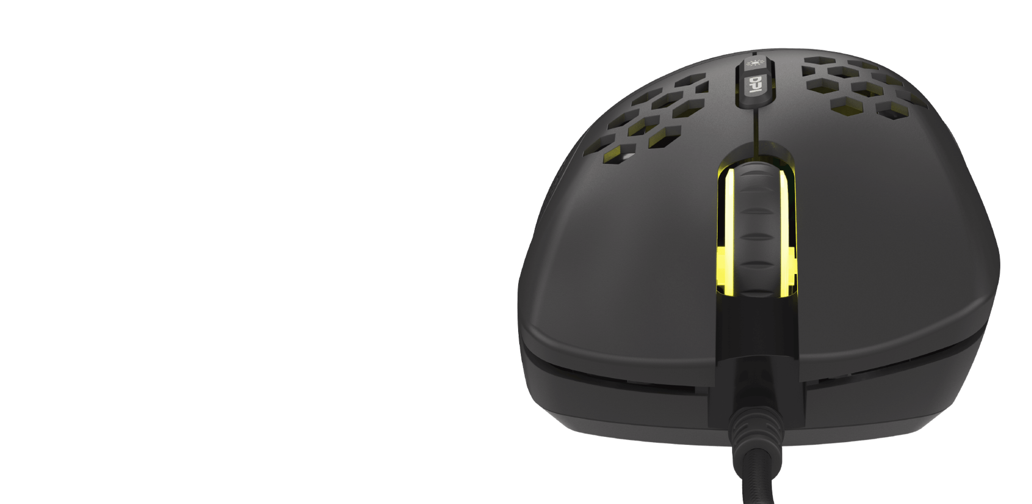 Black gaming mouse with RGB lighting, featuring customizable buttons, a scroll wheel with a yellow accent, and a textured surface