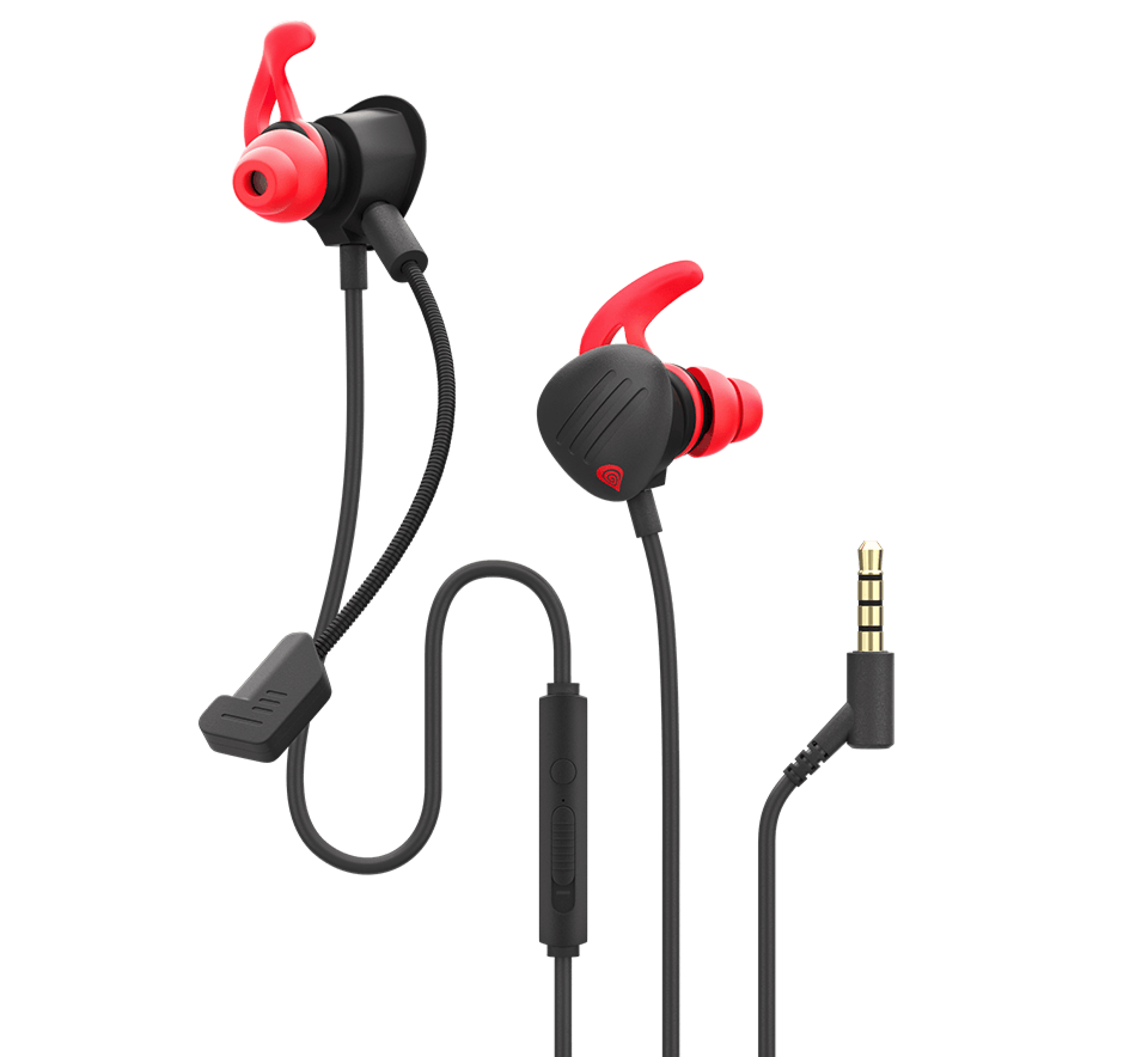 Earbuds with a black and red design and a connecting cable with a microphone control.