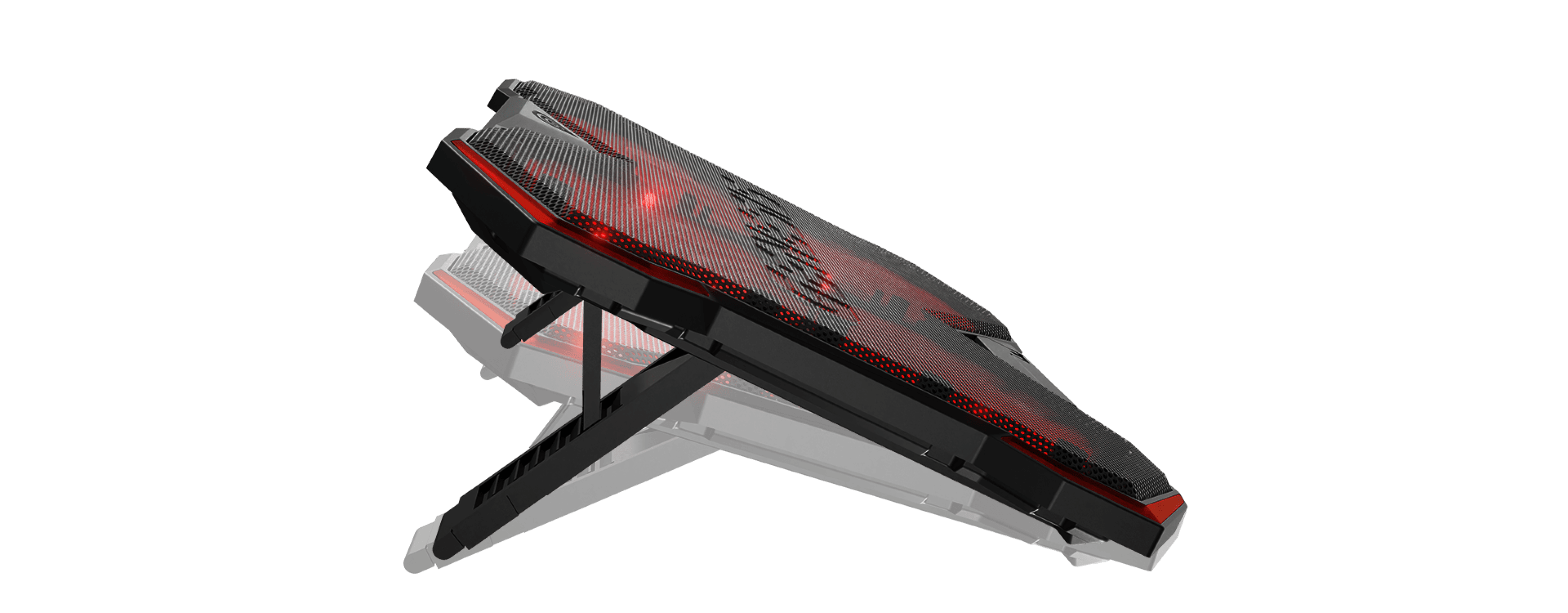 Cooling stand for laptops, designed for 15.6-17.3" models. Features four fans, LED lighting, and two USB ports