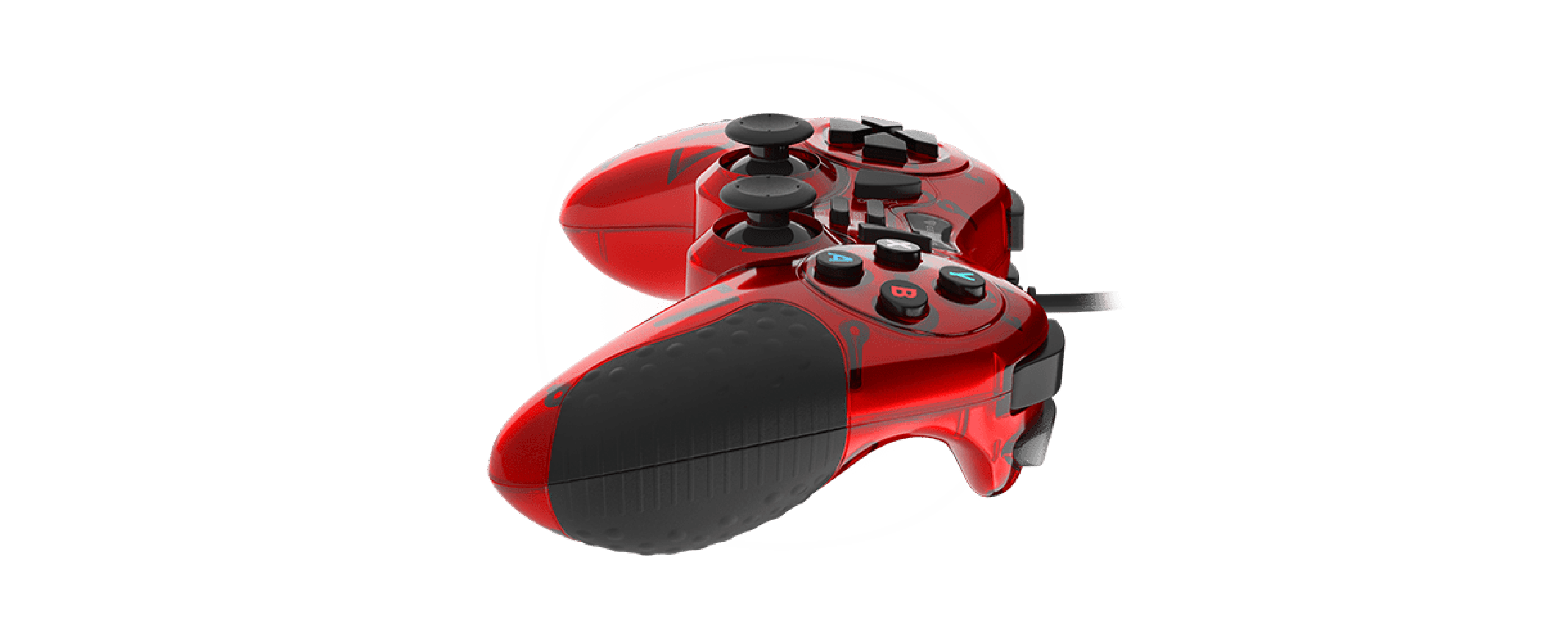 Red wired gamepad for PC with multiple buttons and ergonomic grips, designed for gaming comfort and control