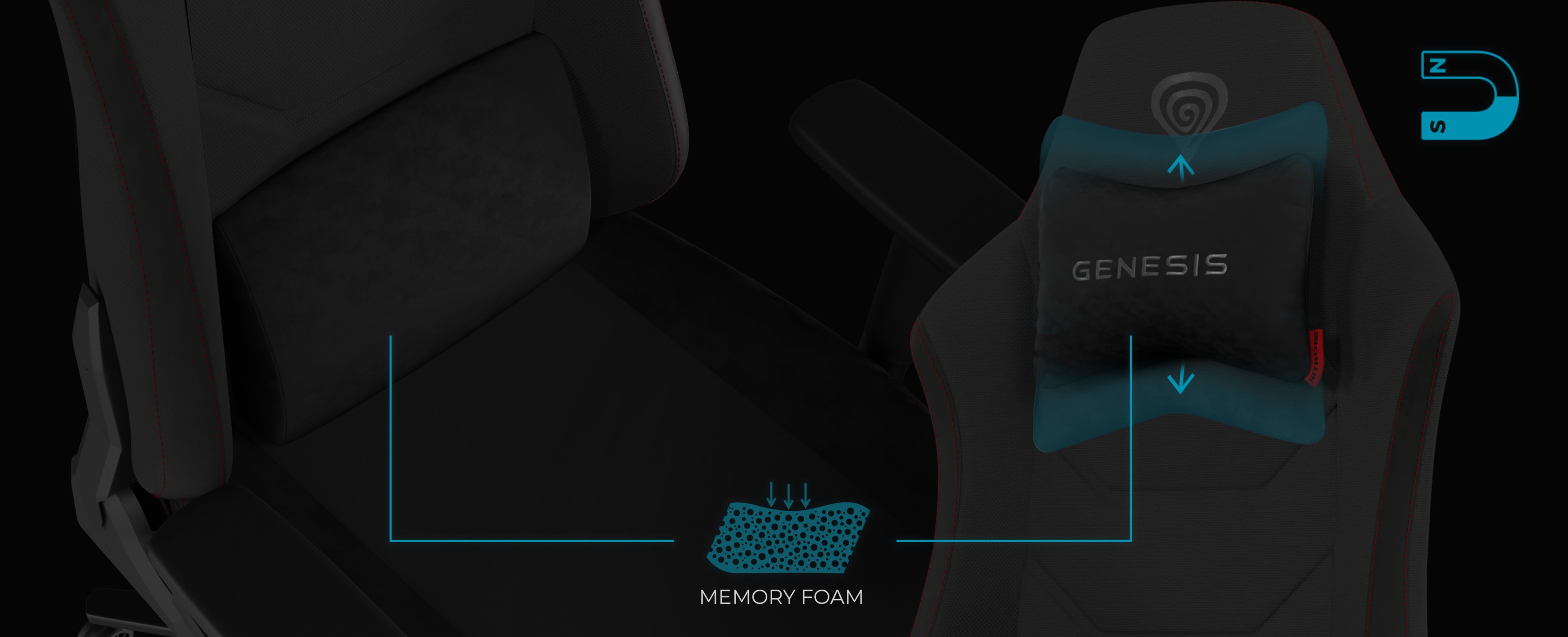Gaming chair featuring a neck cushion made of memory foam for added comfort.
