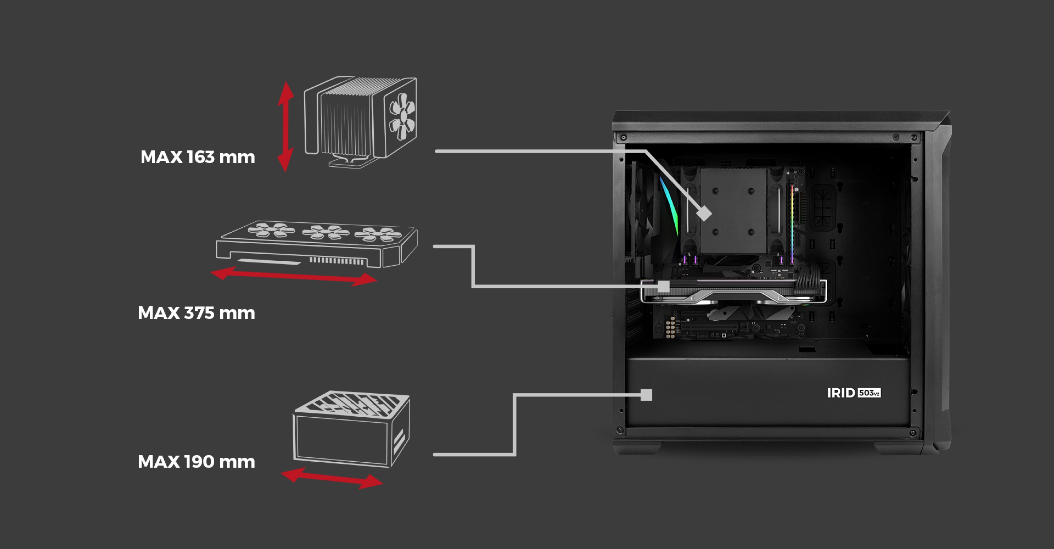 Black MATX mini tower case with a window, featuring internal components and maximum size specifications for CPU cooler, GPU, and PSU