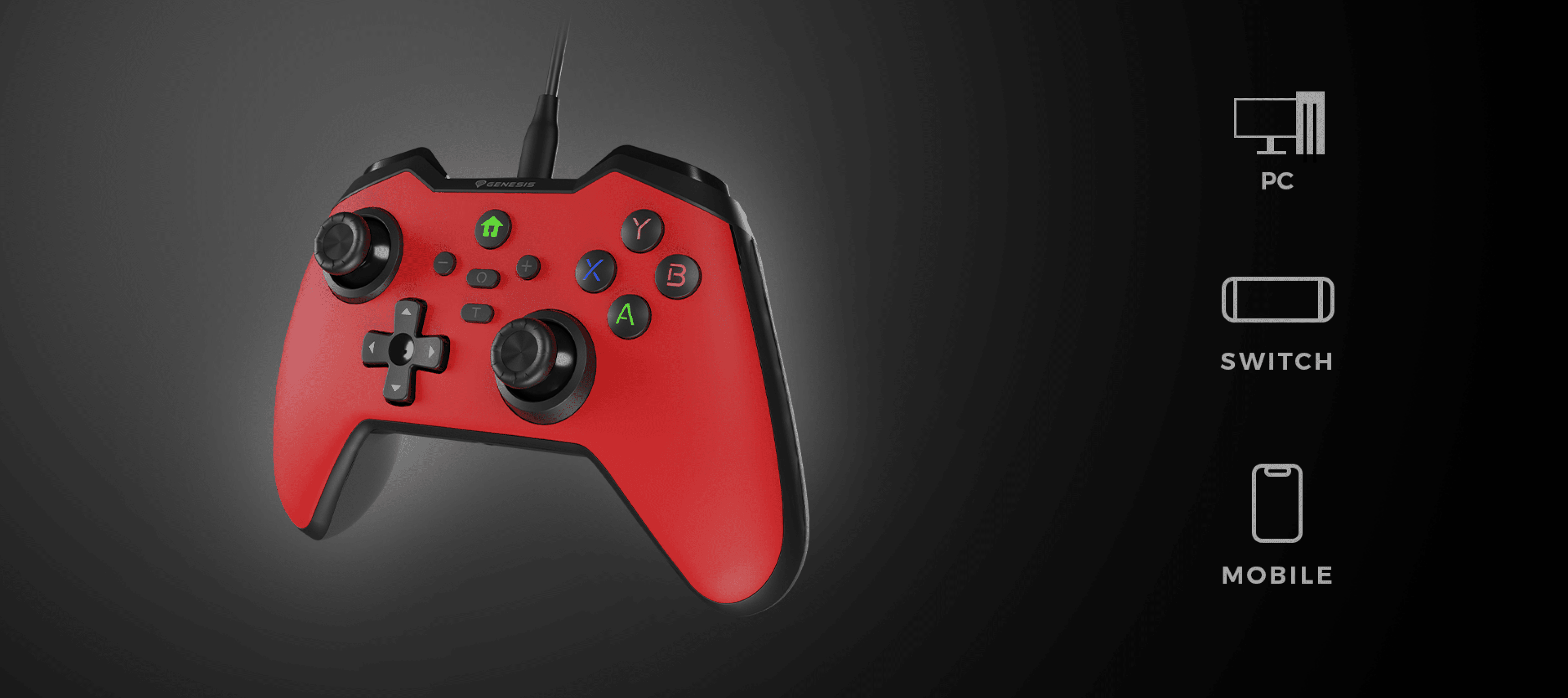 Wired black gaming controller compatible with PC, Switch, and mobile devices. Features ergonomic design and colorful buttons
