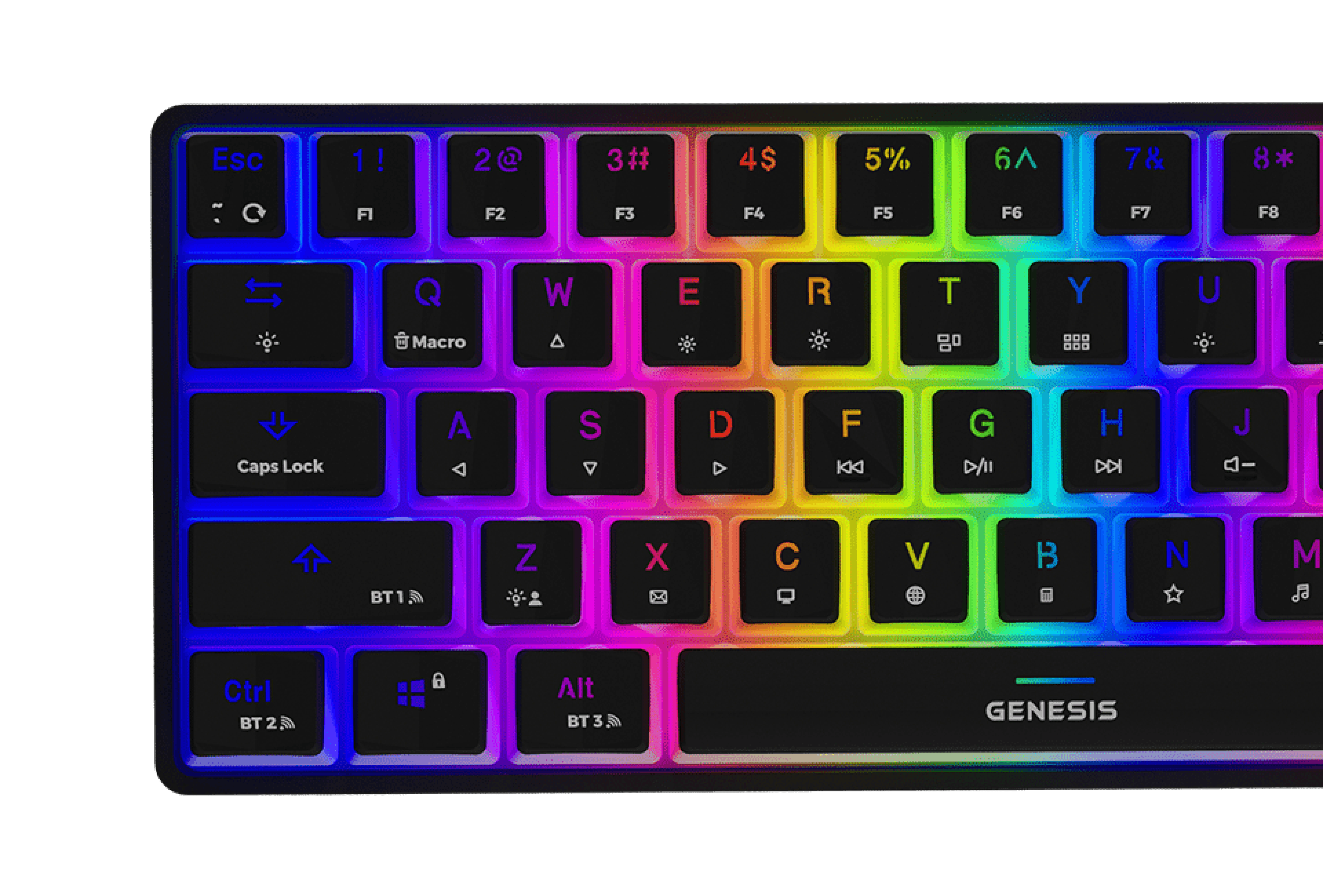Keyboard with colorful backlighting and various multimedia and function keys.