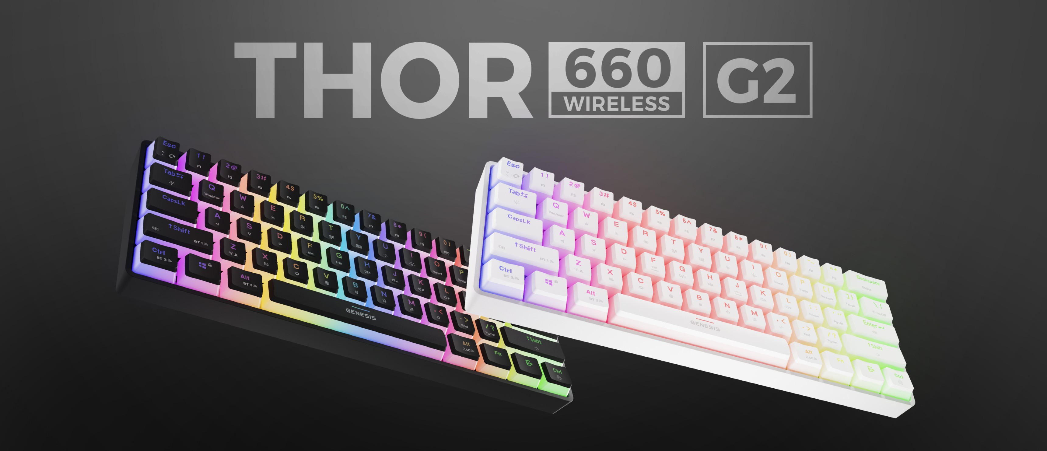Wireless mechanical gaming keyboard Genesis Thor 660 G2, featuring colorful RGB backlighting, shown in black and white models