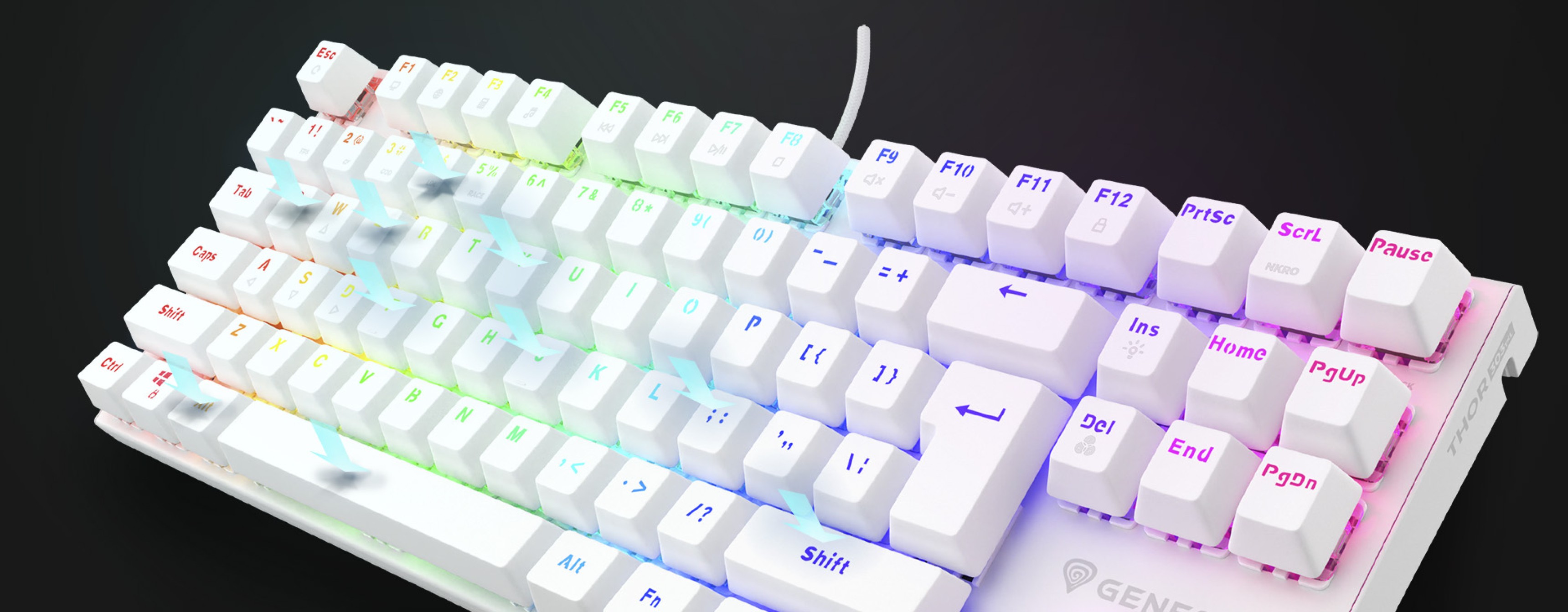 White mechanical keyboard with RGB lighting, hot-swap capability, and TKL layout, displaying various illuminated keys