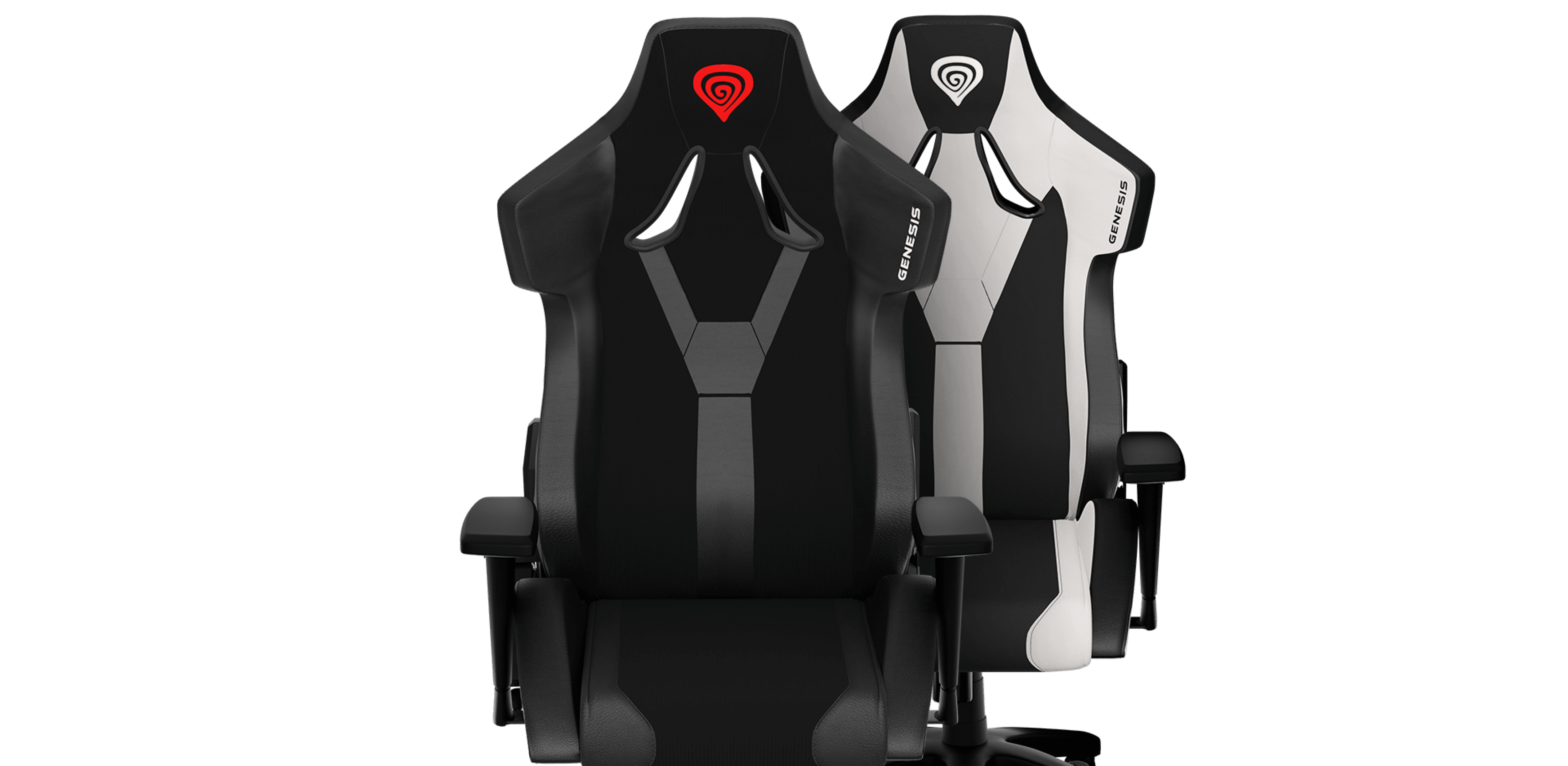 Black Genesis Nitro 650 gaming chair with red logo, alongside a white variant displayed in a sleek design
