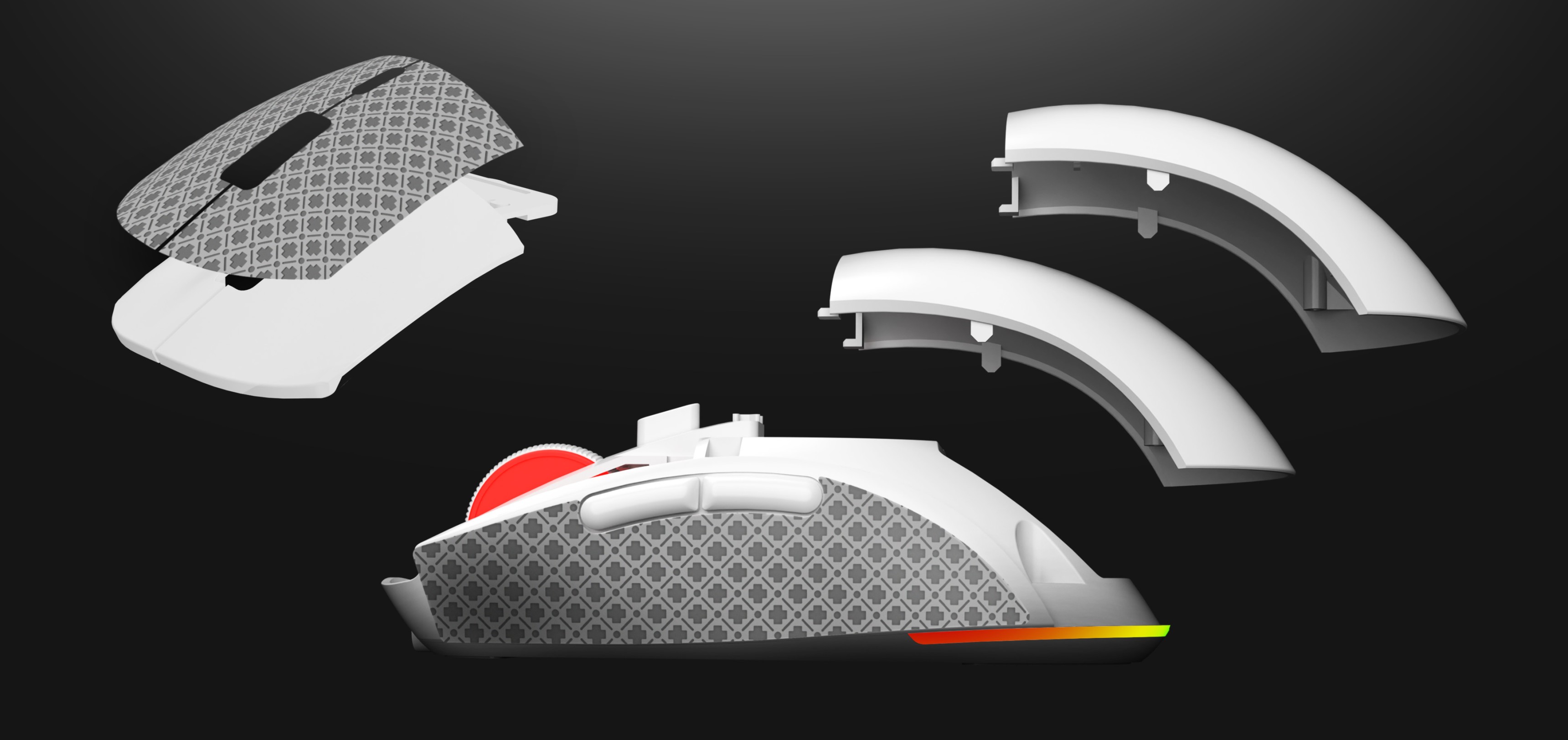 Wireless gaming mouse with customizable panels, featuring a high-DPI sensor and ergonomic design in black and white