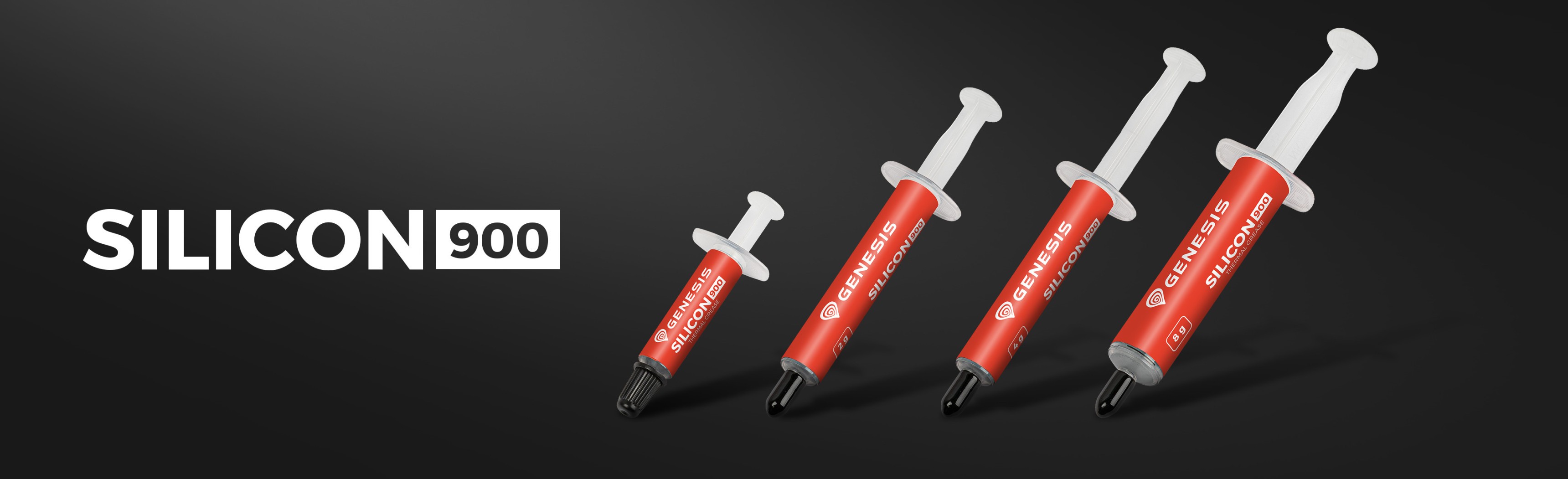 Four syringes of Genesis Silicon 900 thermal paste in red packaging, displayed against a black background