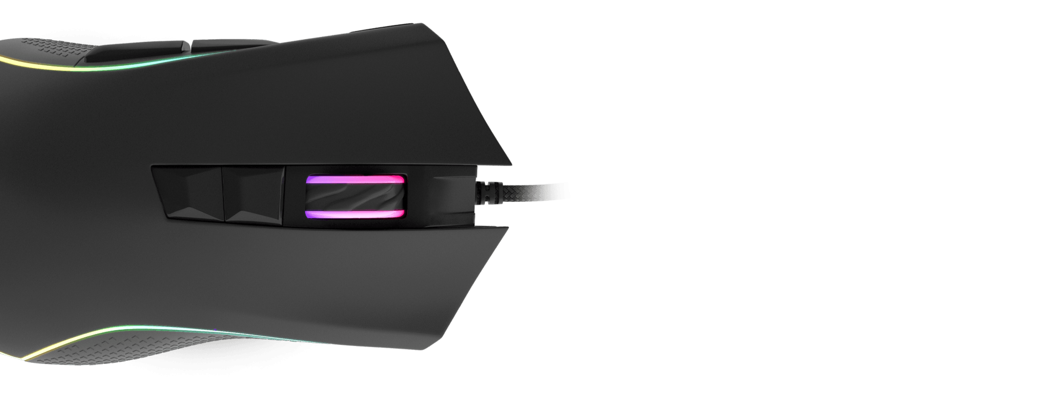 Gaming mouse with a connection cable and a glowing light around the scroll wheel.