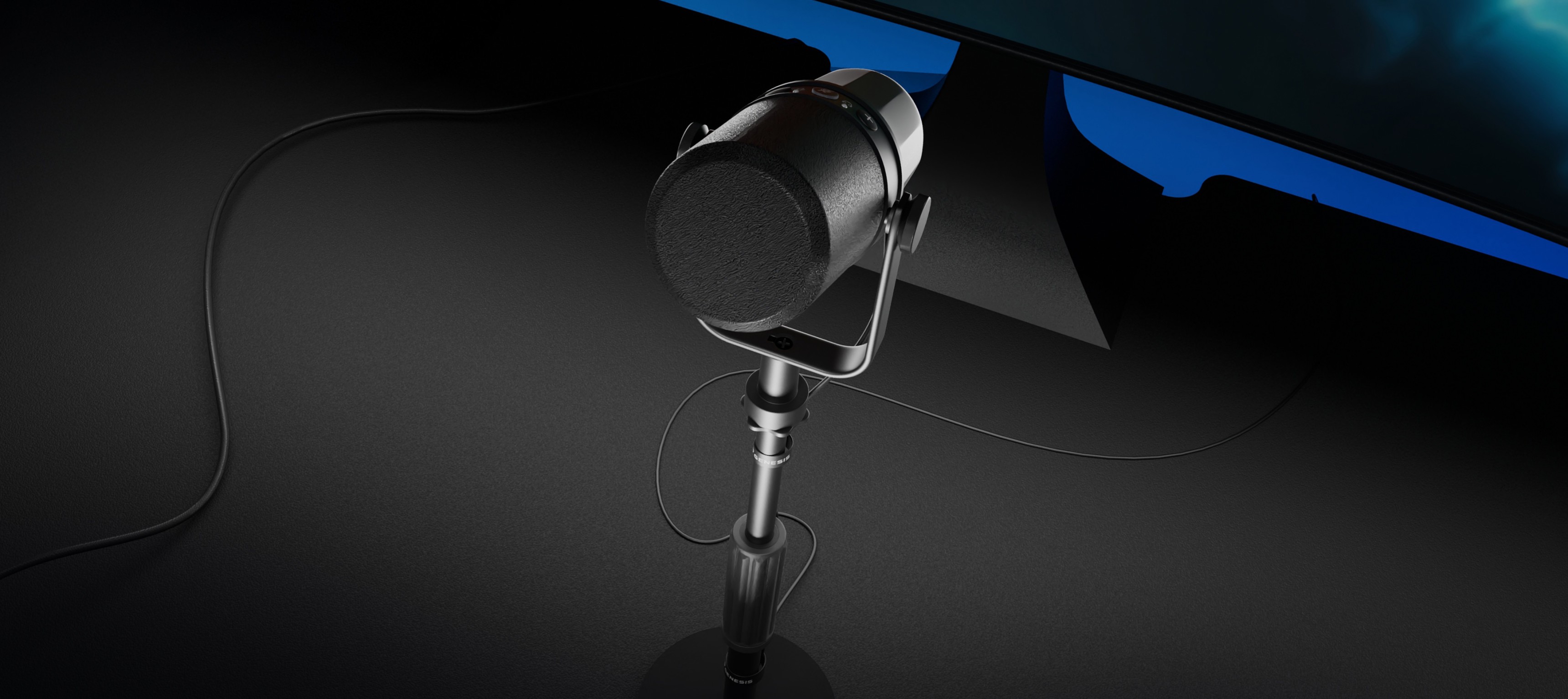 Microphone stand for Genesis Thulium 350D with a microphone positioned on a dark surface, background featuring a monitor
