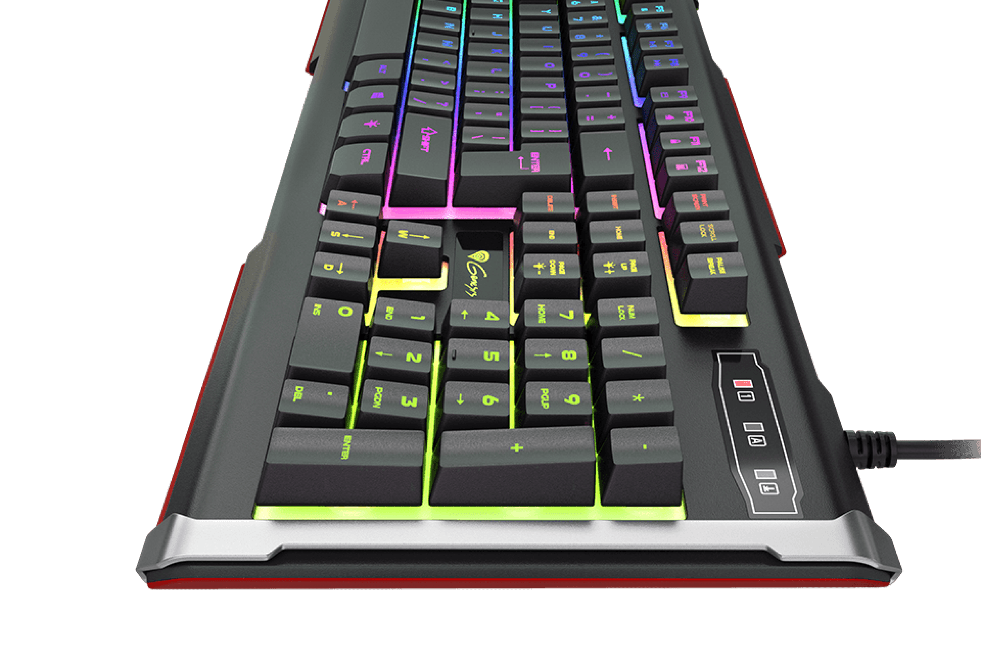 Keyboard with multicolored illuminated keys and a black and red design.