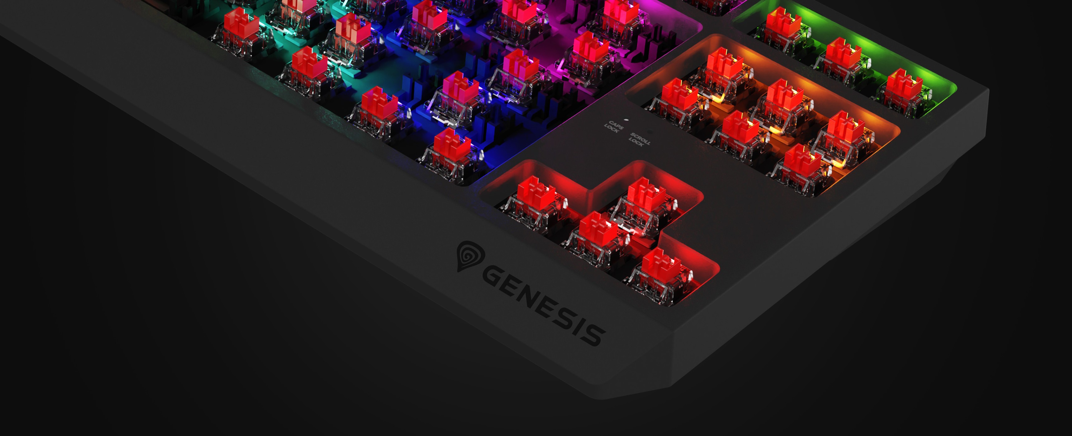 Mechanical gaming keyboard with colorful RGB lighting and hot-swappable Outemu red switches, featuring a compact TKL design