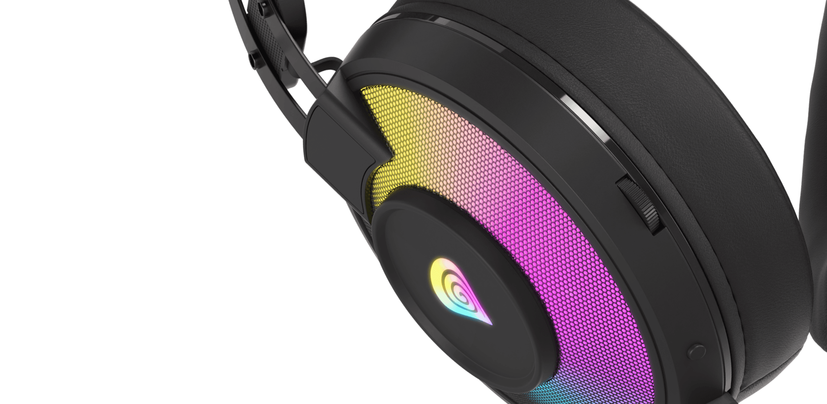 Headphones with colorful lighting and a sleek black design, featuring adjustable ear cups.
