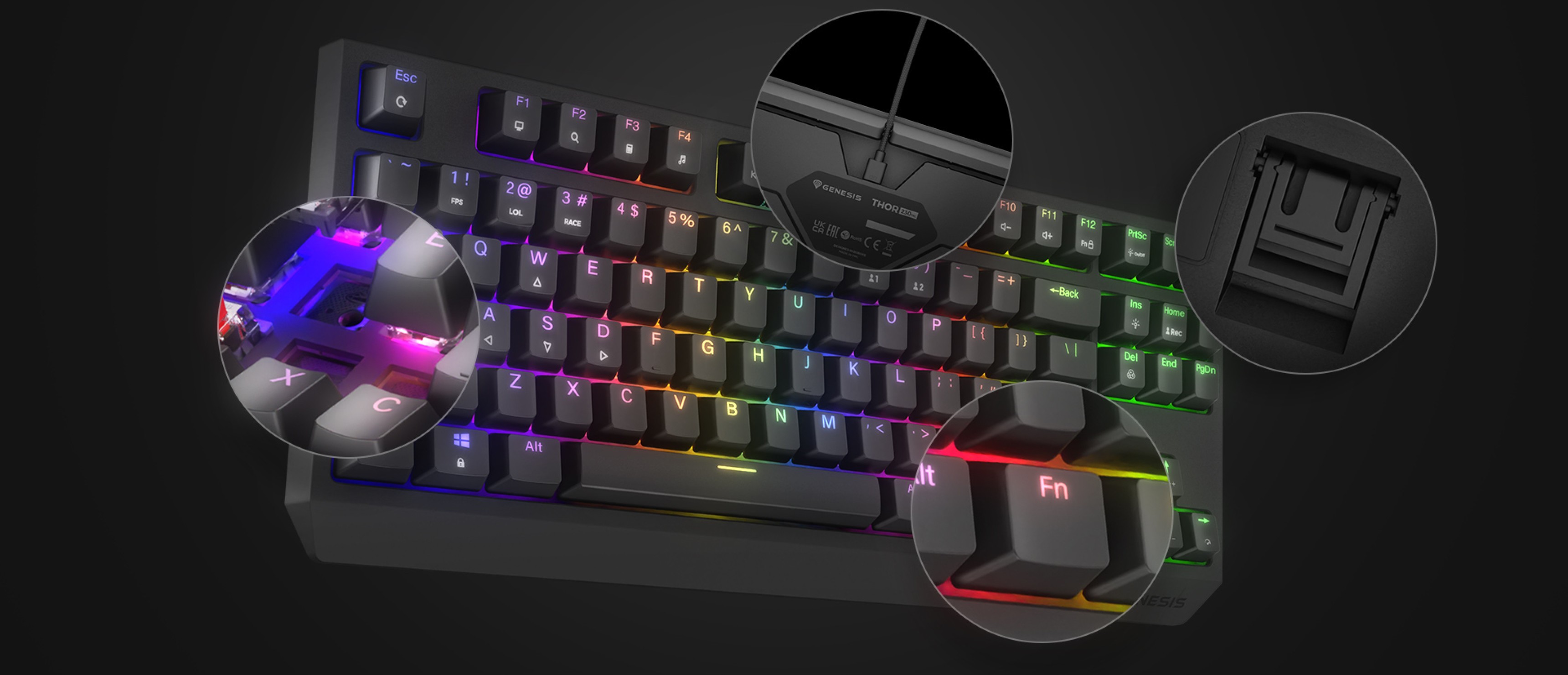 Mechanical gaming keyboard with customizable RGB lighting, hot-swap key switches, and a compact TKL layout