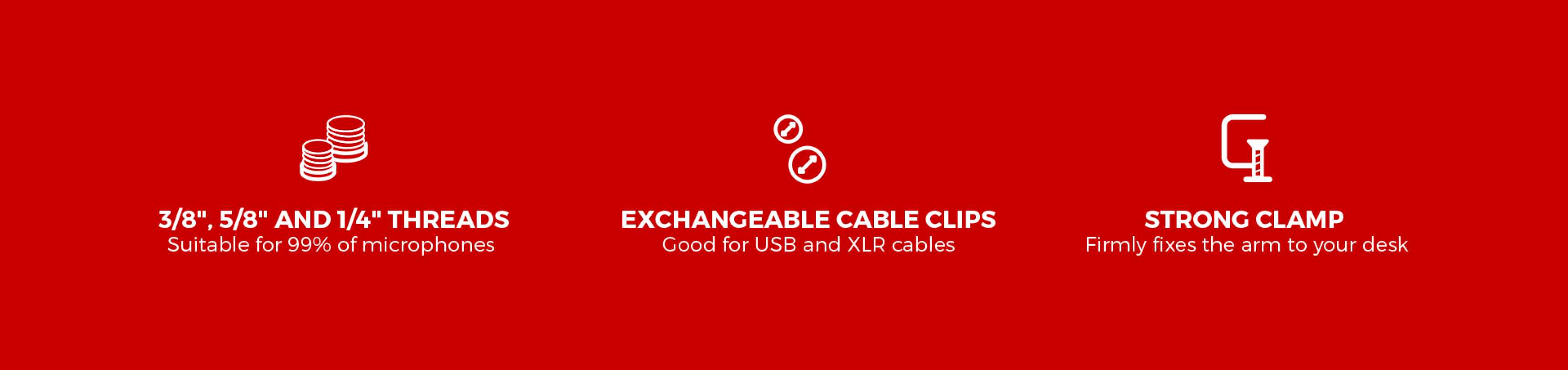 Microphone arm features 3/8", 5/8", and 1/4" threads, exchangeable cable clips, and a strong clamp for desk attachment