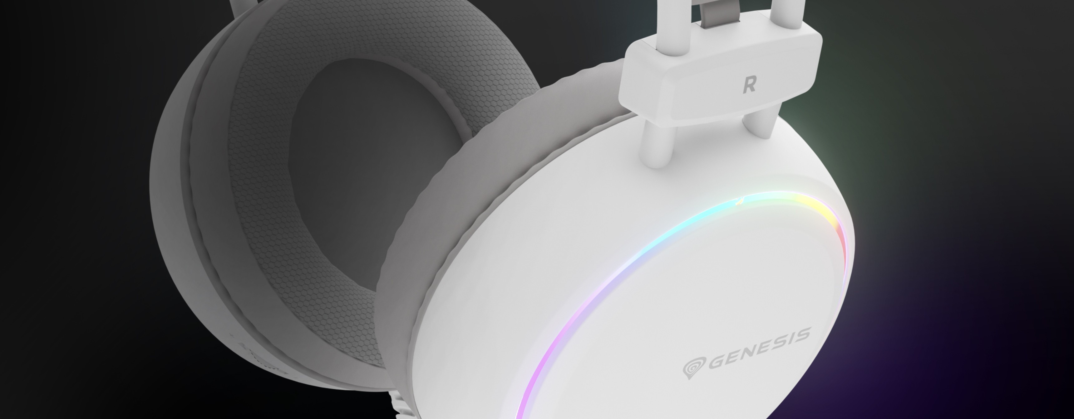 White Genesis Neon 613 G2 RGB over-ear headphones with a microphone and colorful LED lighting
