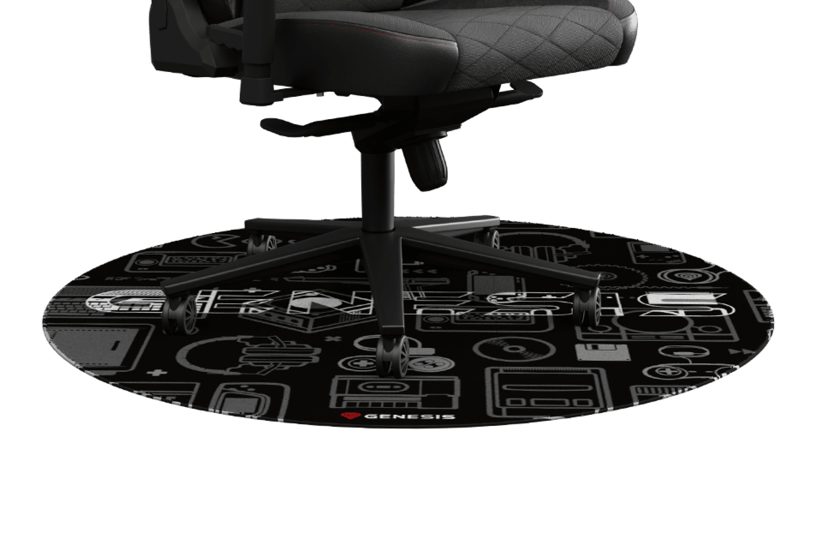 Round protective mat designed for the Genesis Tellur gaming chair, featuring a black background with various gaming-themed illustrations