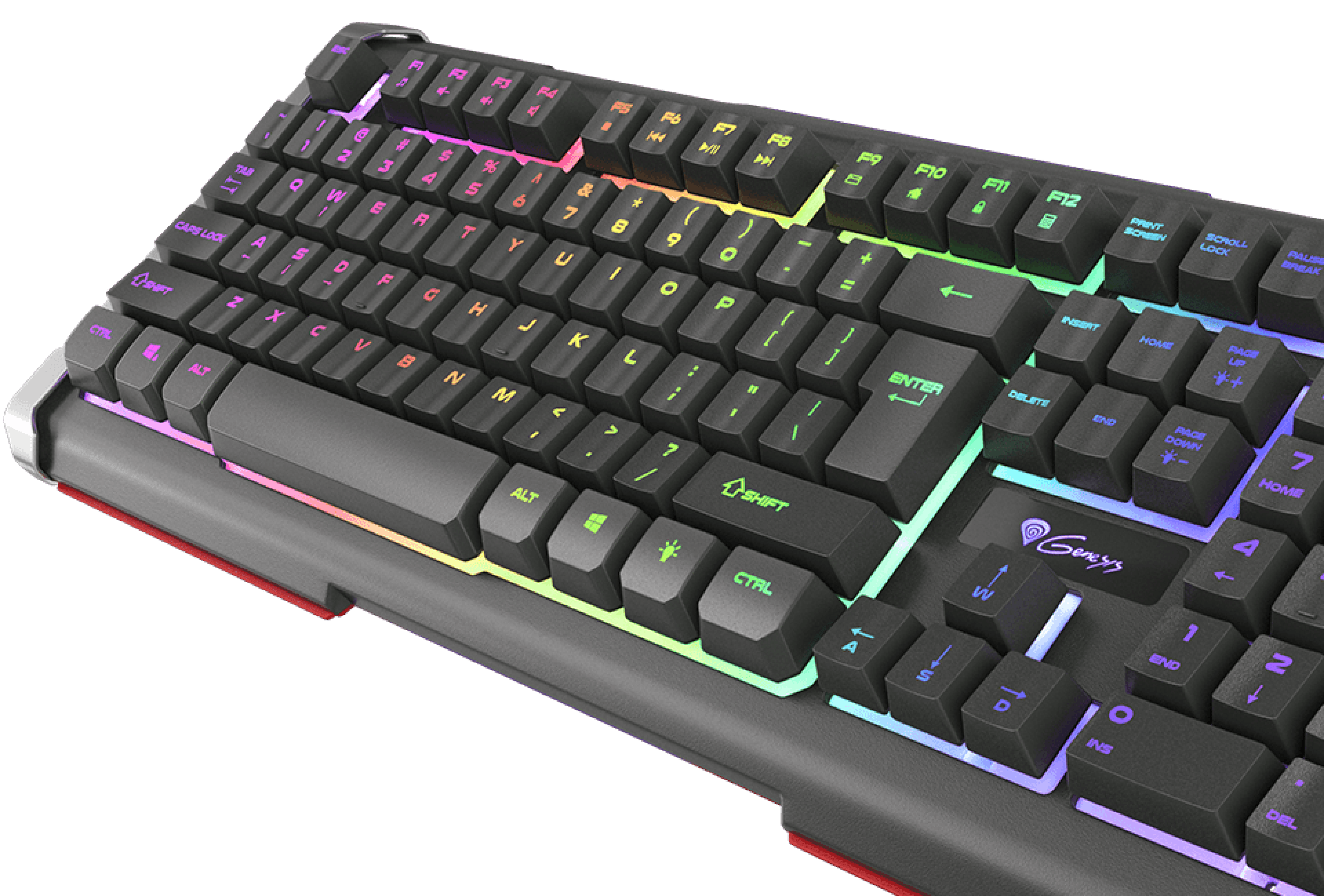 Keyboard with colorful backlighting and a variety of keys for typing and gaming.