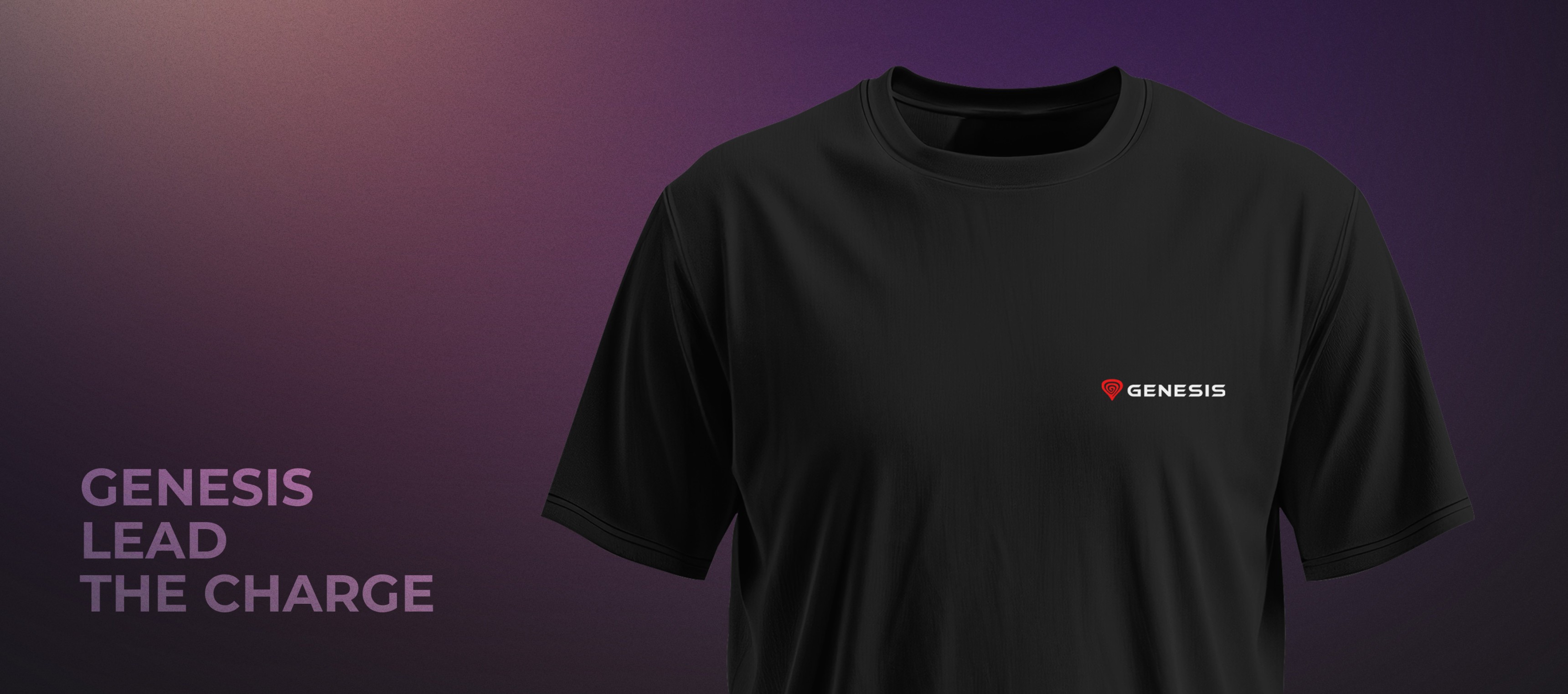 Black t-shirt featuring a small logo on the chest area, set against a gradient background.